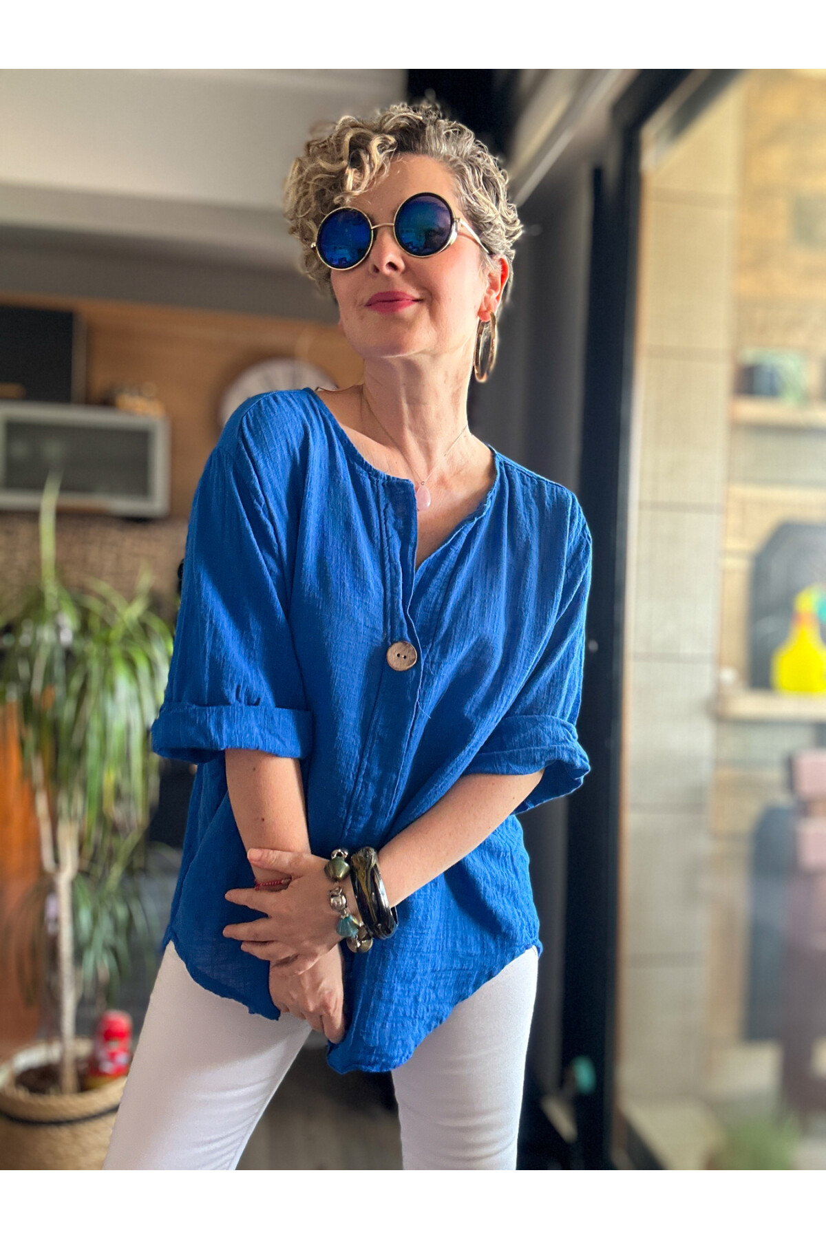 Peppino İtalyan Tahta Düğme Detay Bluz Sax