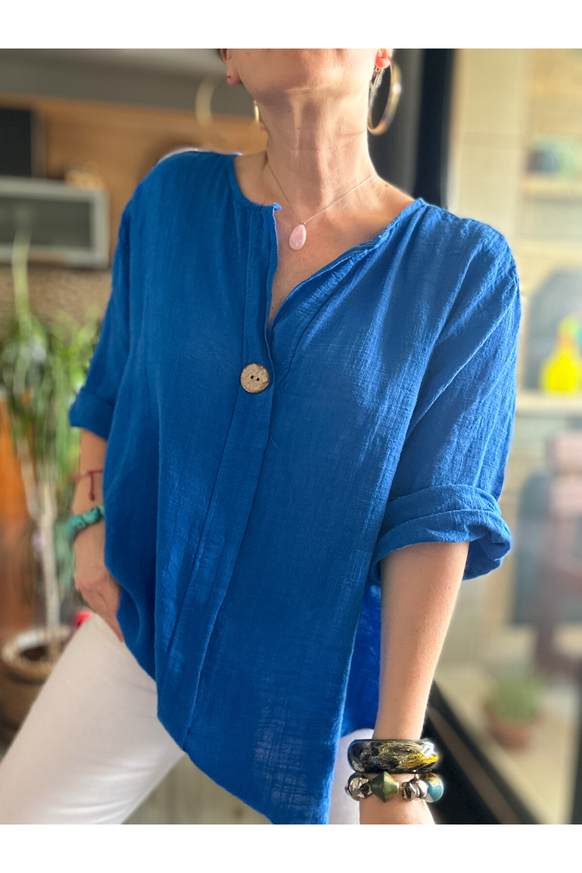 Peppino İtalyan Tahta Düğme Detay Bluz Sax