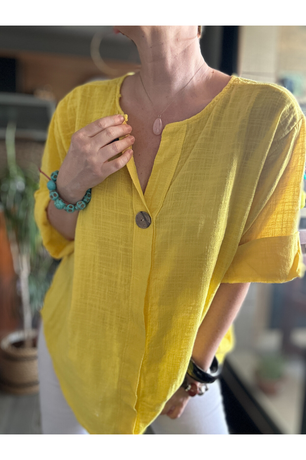 Peppino İtalyan Tahta Düğme Detay Bluz Sarı