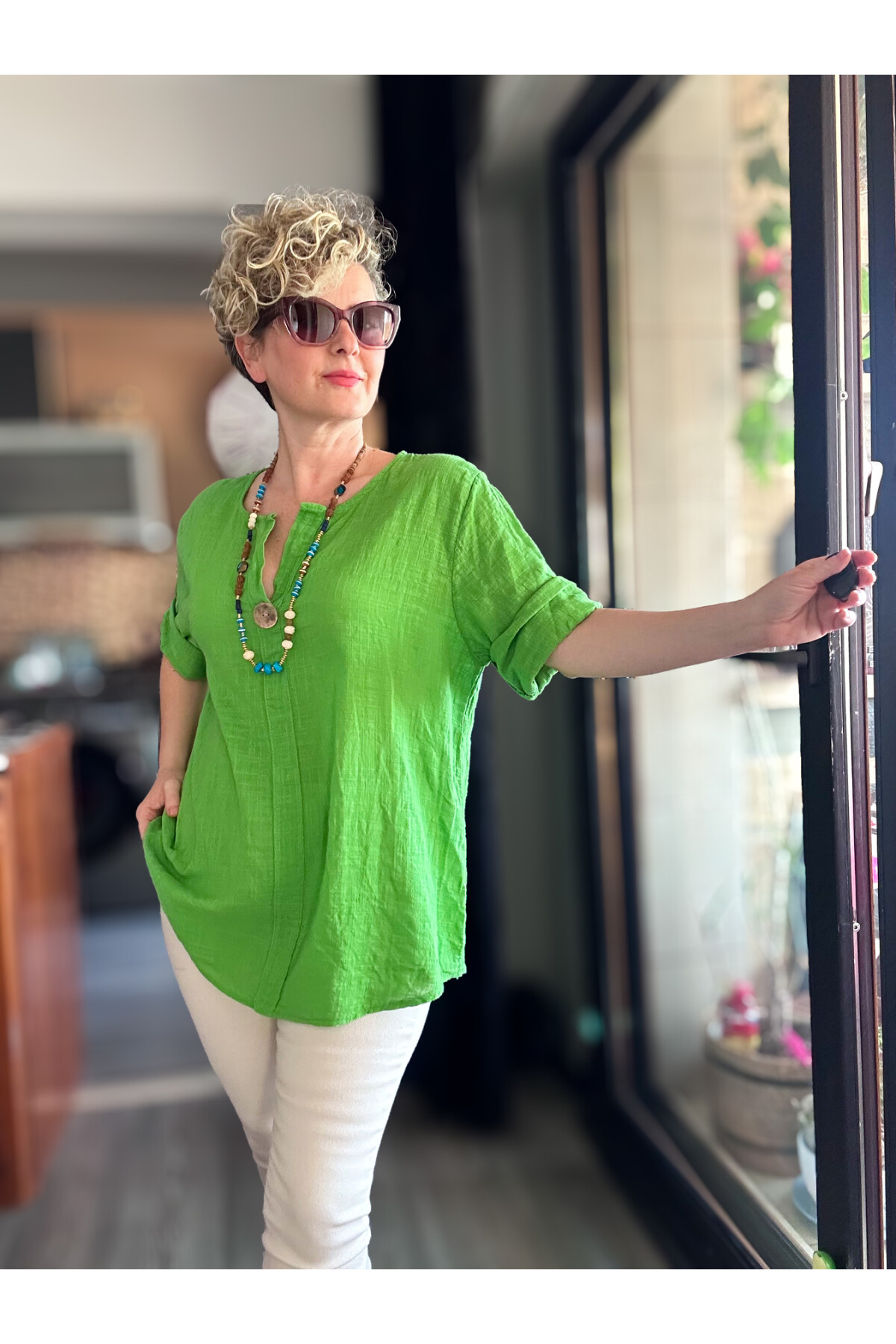 Peppino İtalyan Tahta Düğme Detay Bluz Yeşil