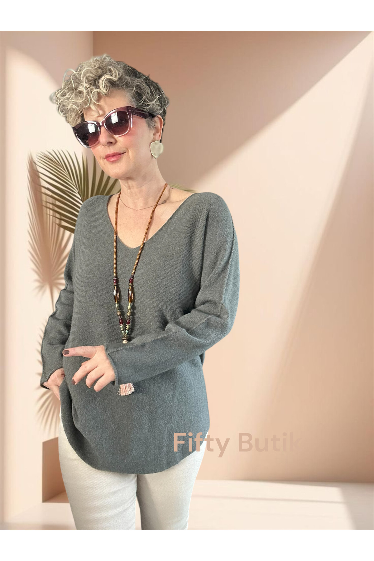 Piatti İtalyan V Yaka Yumoş Oval Triko Soft Haki