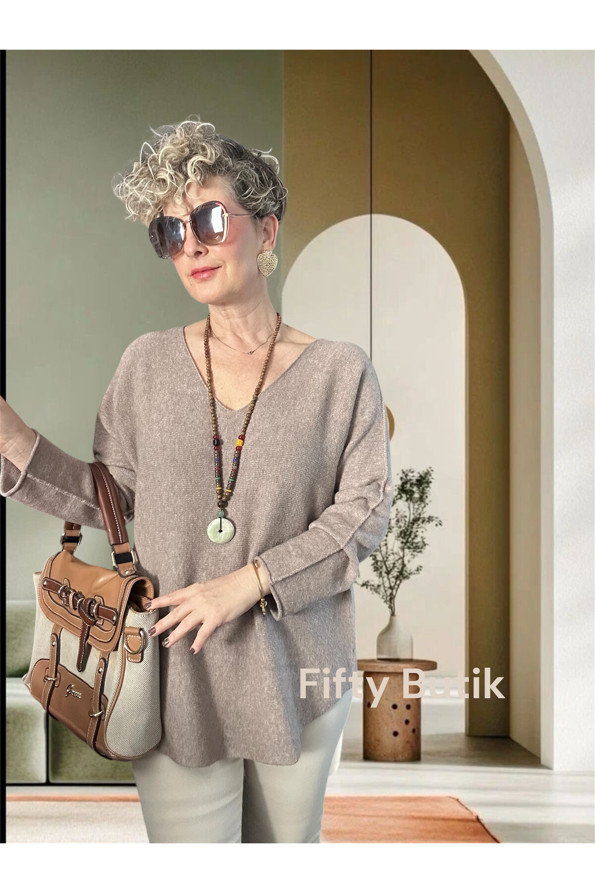 Piatti İtalyan V Yaka Yumoş Oval Triko Vizon