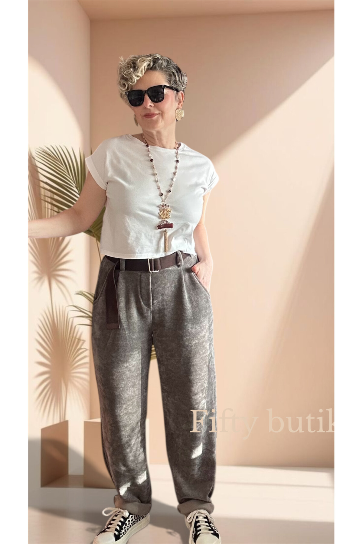 Pierro İtalyan Şönil Kemerli Havuç Pantolon Vizon