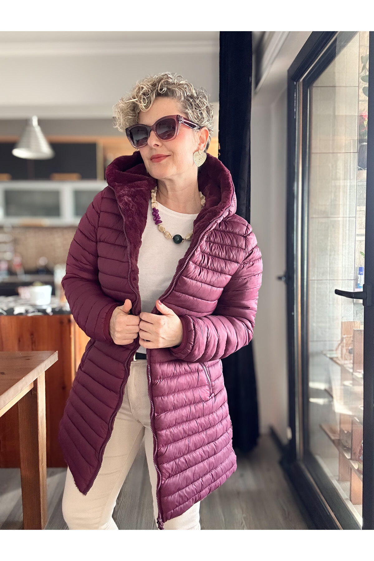 Ping İthal Çift Taraflı Anorak Peluş Uzun Mont Bordo