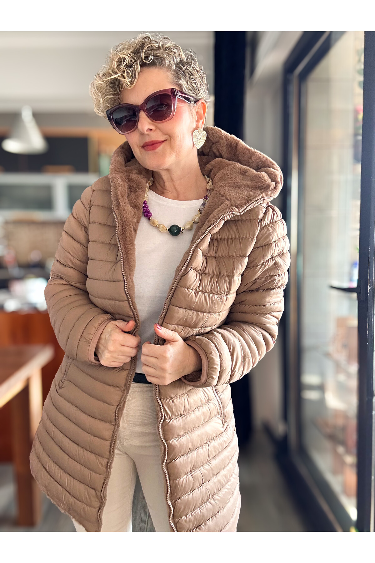 Ping İthal Çift Taraflı Anorak Peluş Uzun Mont Camel