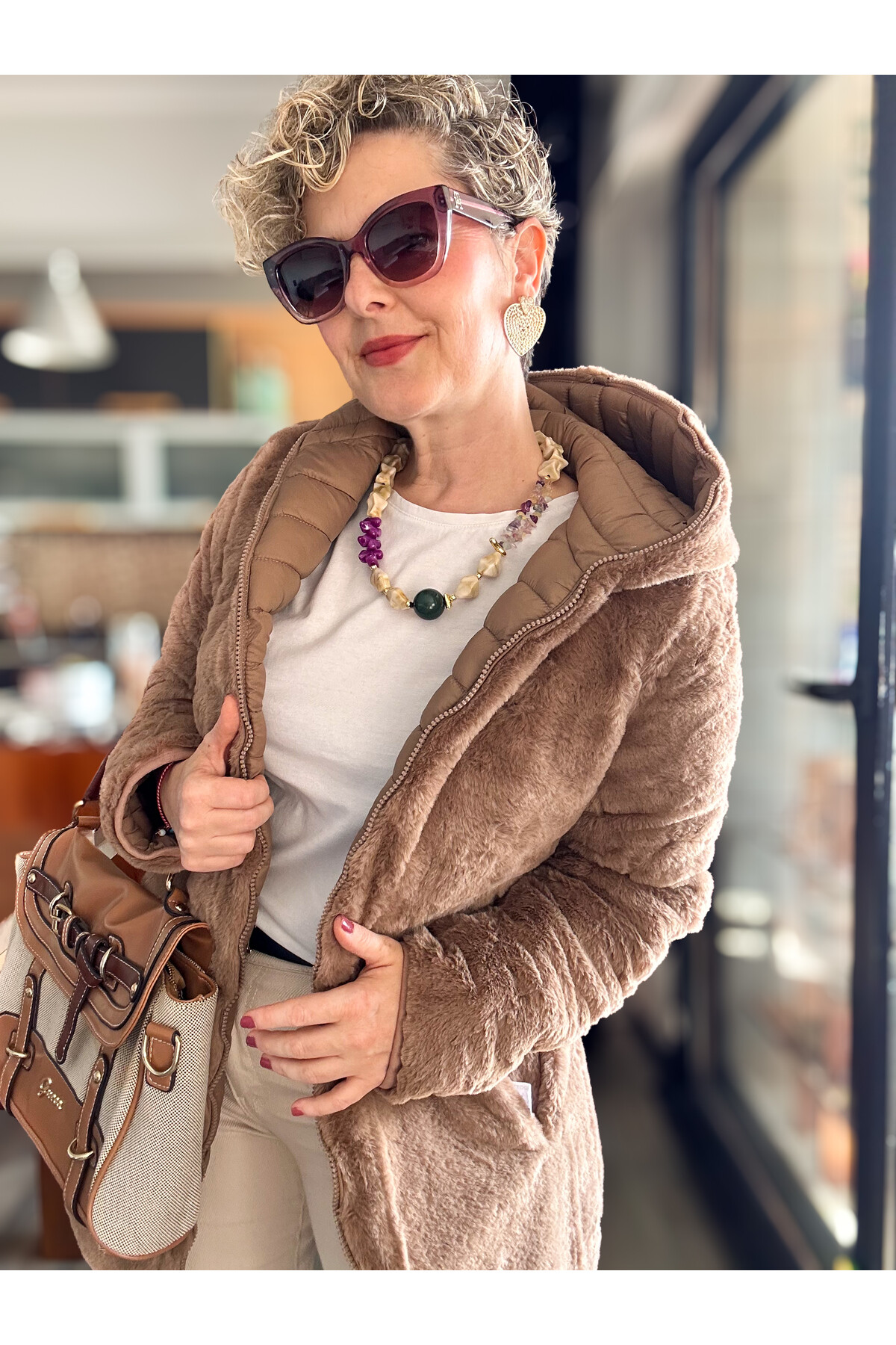 Ping İthal Çift Taraflı Anorak Peluş Uzun Mont Camel