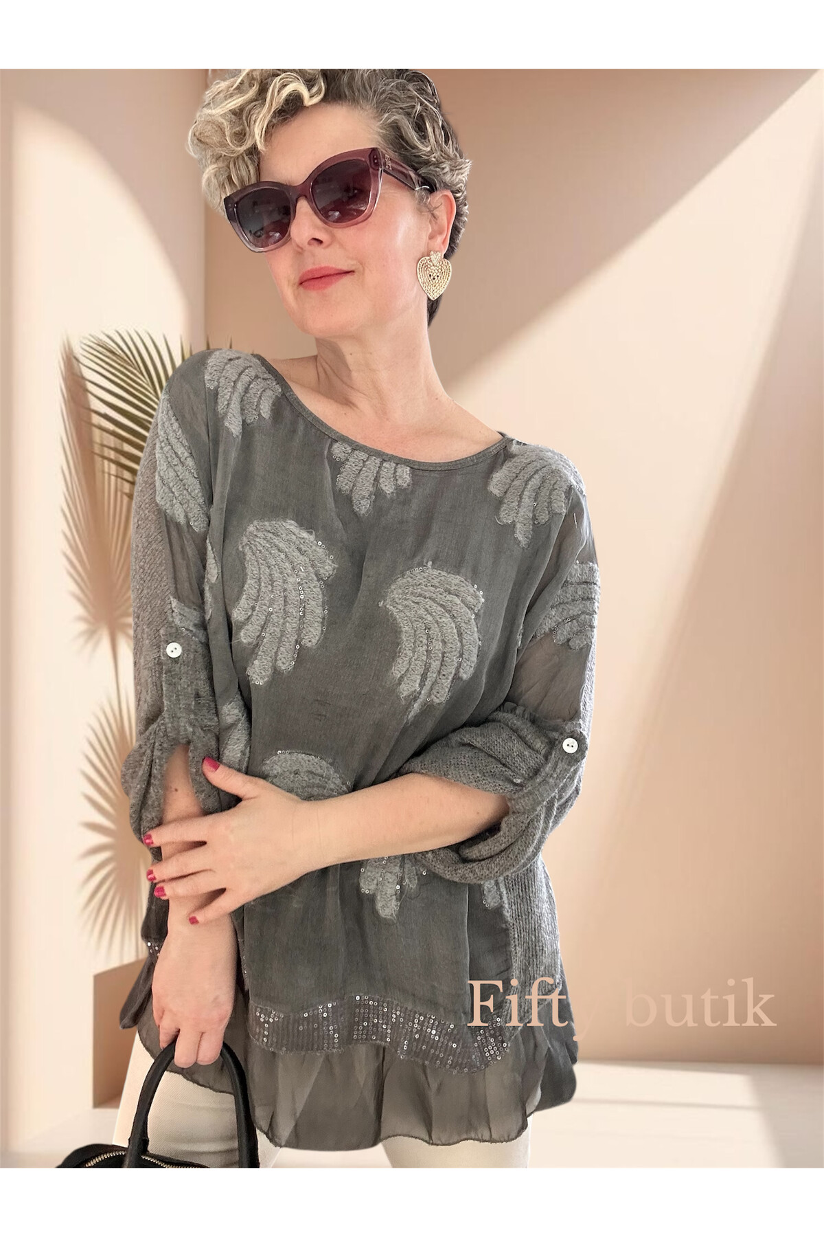 Pitti İthal Pul Payet İşleme Detay Triko Bluz Antrasit