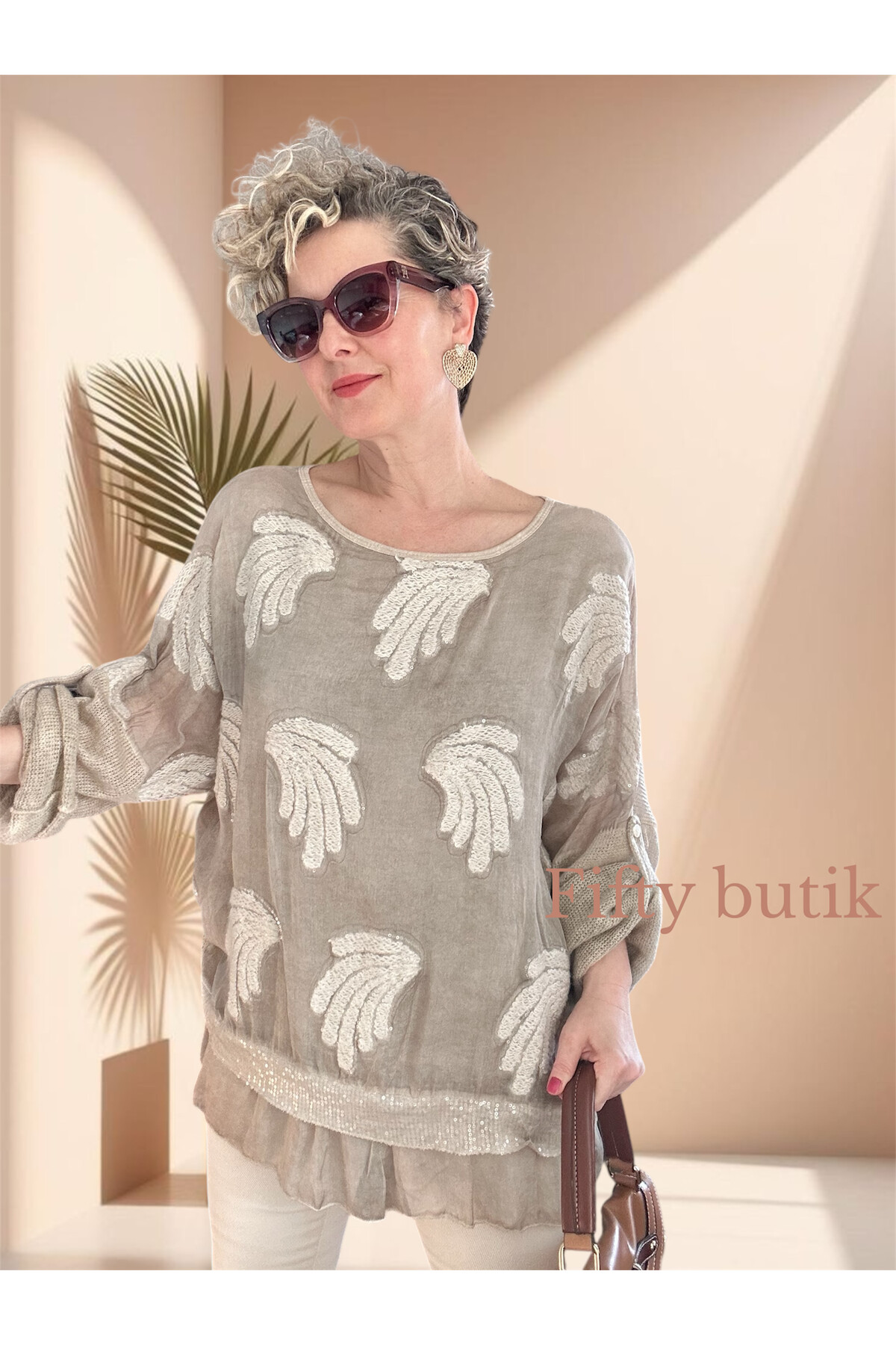 Pitti İthal Pul Payet İşleme Detay Triko Bluz Beige