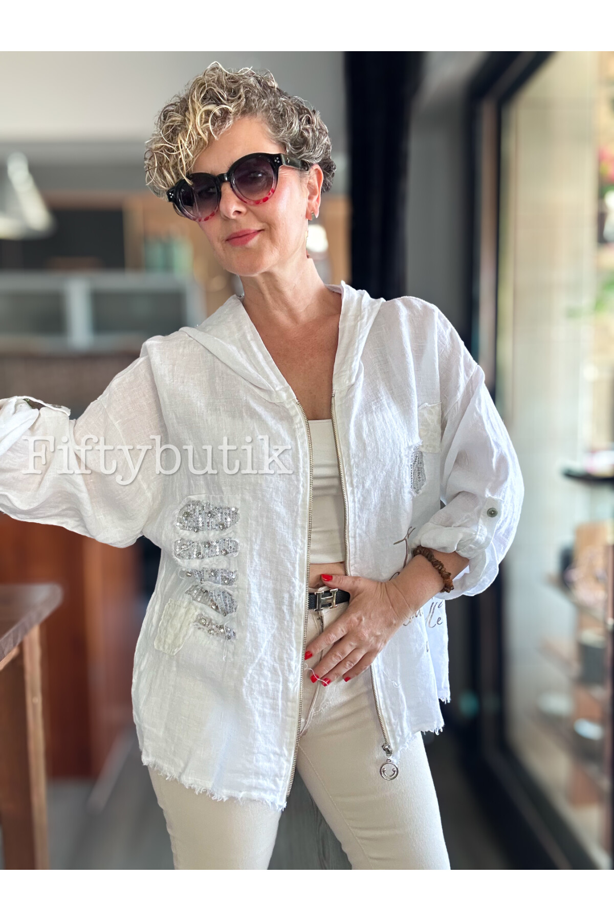 Ranetto İtalyan Vip Kapşon Yazı Detay Ceket Beyaz