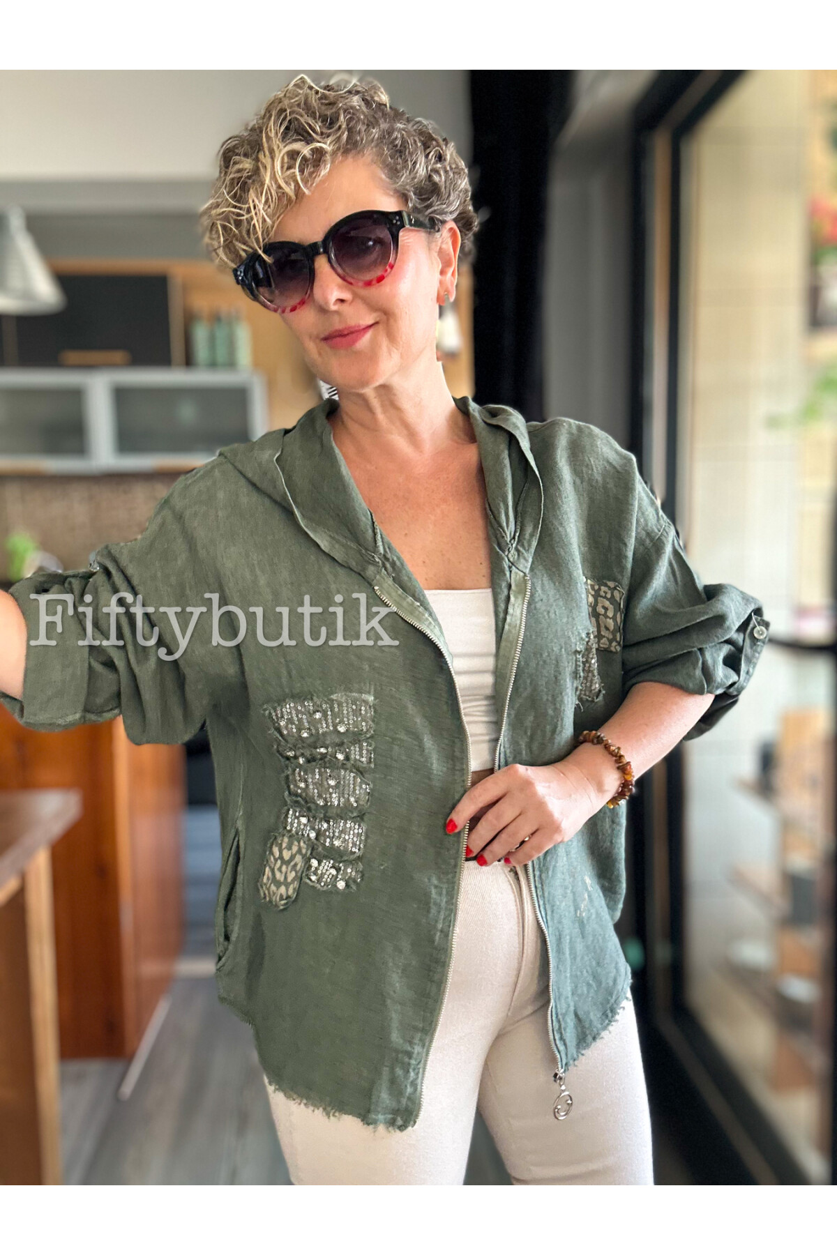 Ranetto İtalyan Vip Kapşon Yazı Detay Ceket Haki