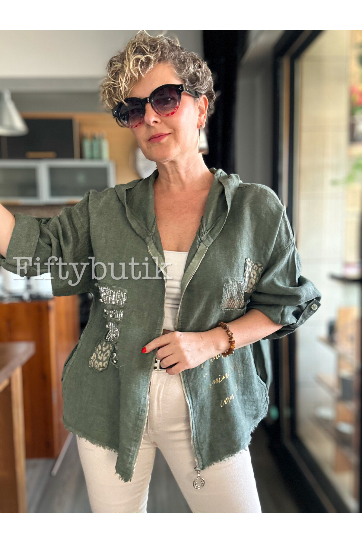 Ranetto İtalyan Vip Kapşon Yazı Detay Ceket Haki