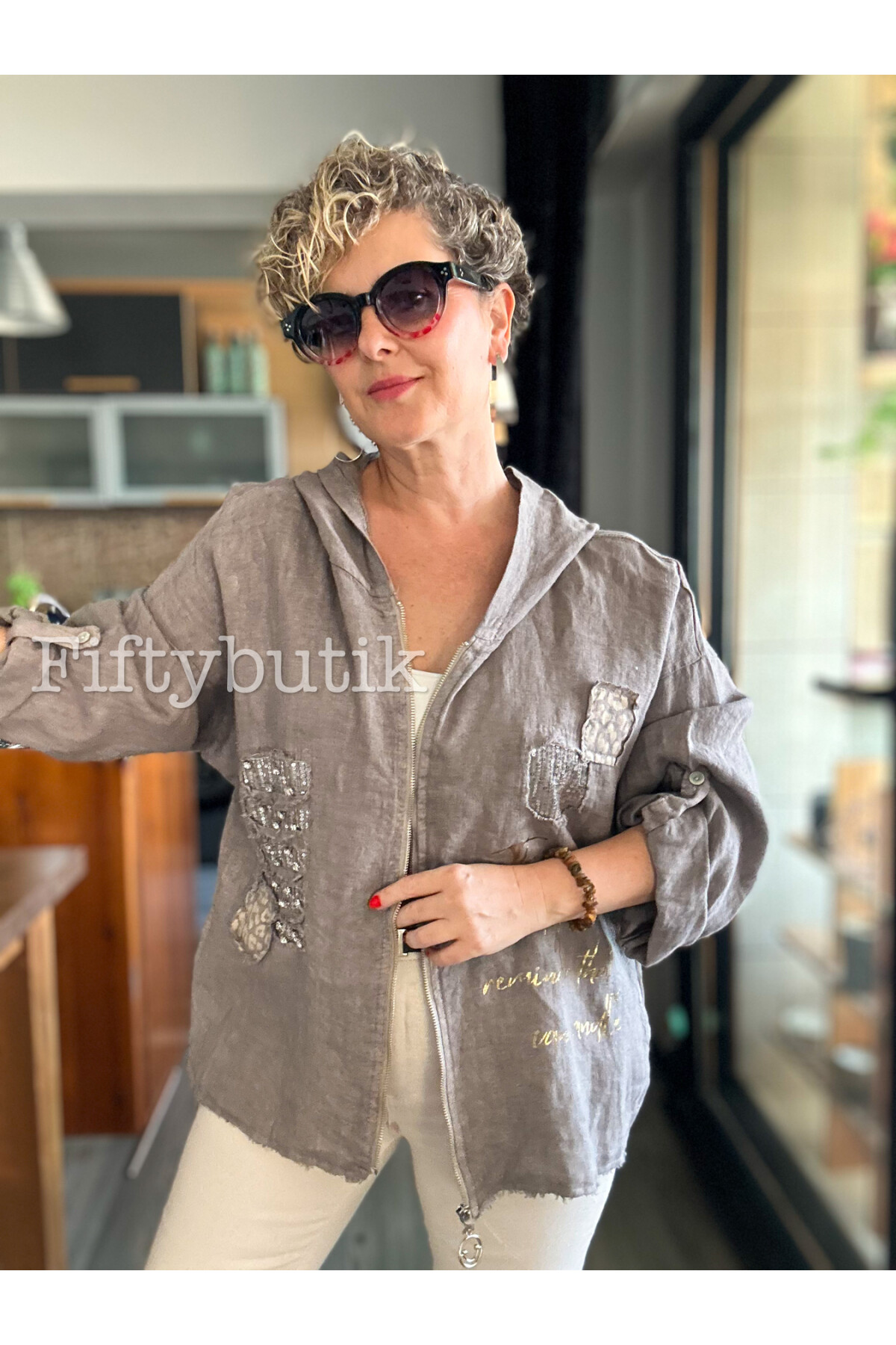 Ranetto İtalyan Vip Kapşon Yazı Detay Ceket Vizon