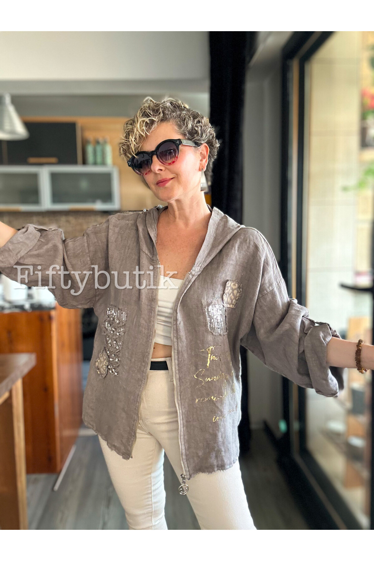 Ranetto İtalyan Vip Kapşon Yazı Detay Ceket Vizon