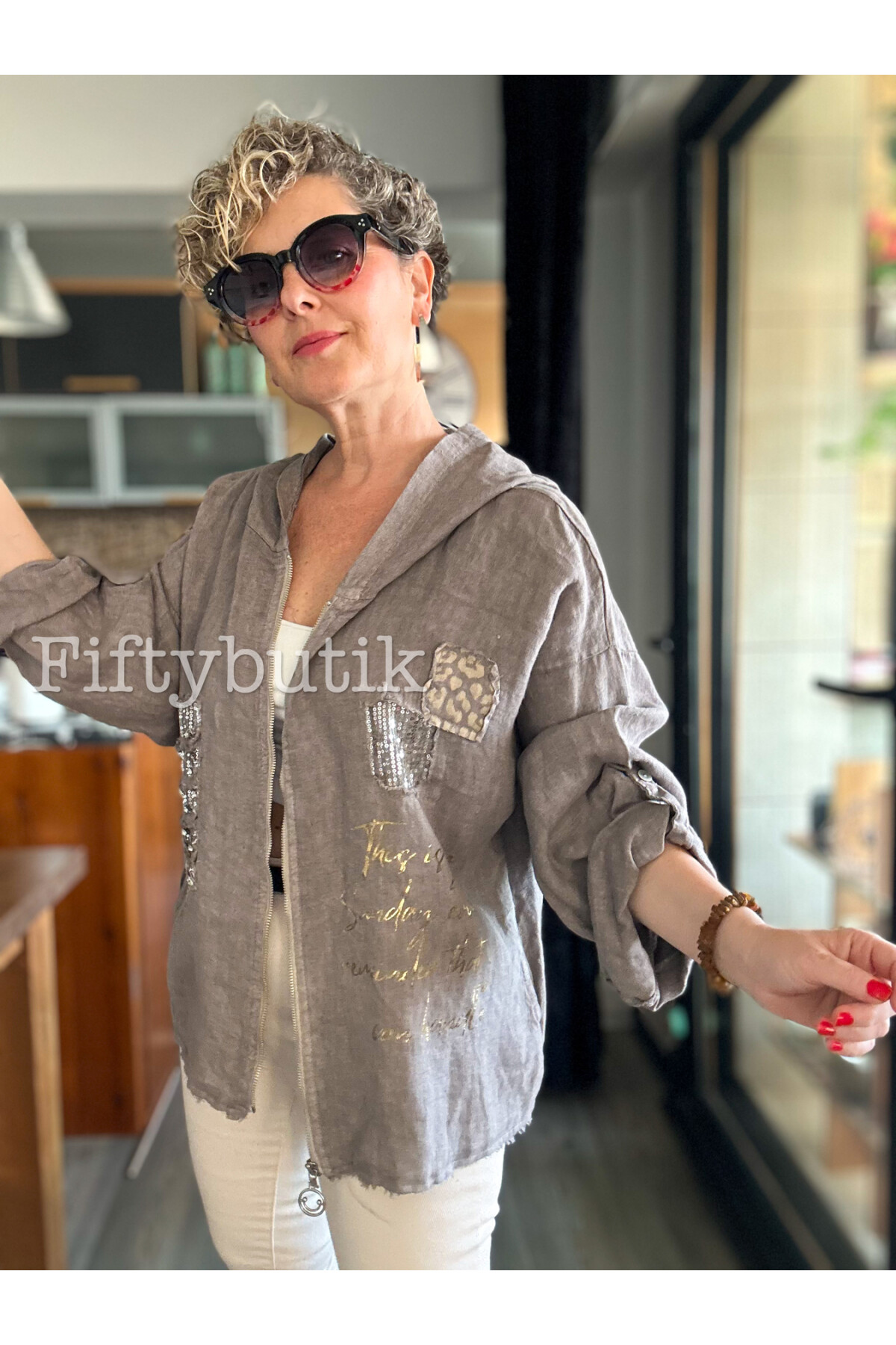 Ranetto İtalyan Vip Kapşon Yazı Detay Ceket Vizon