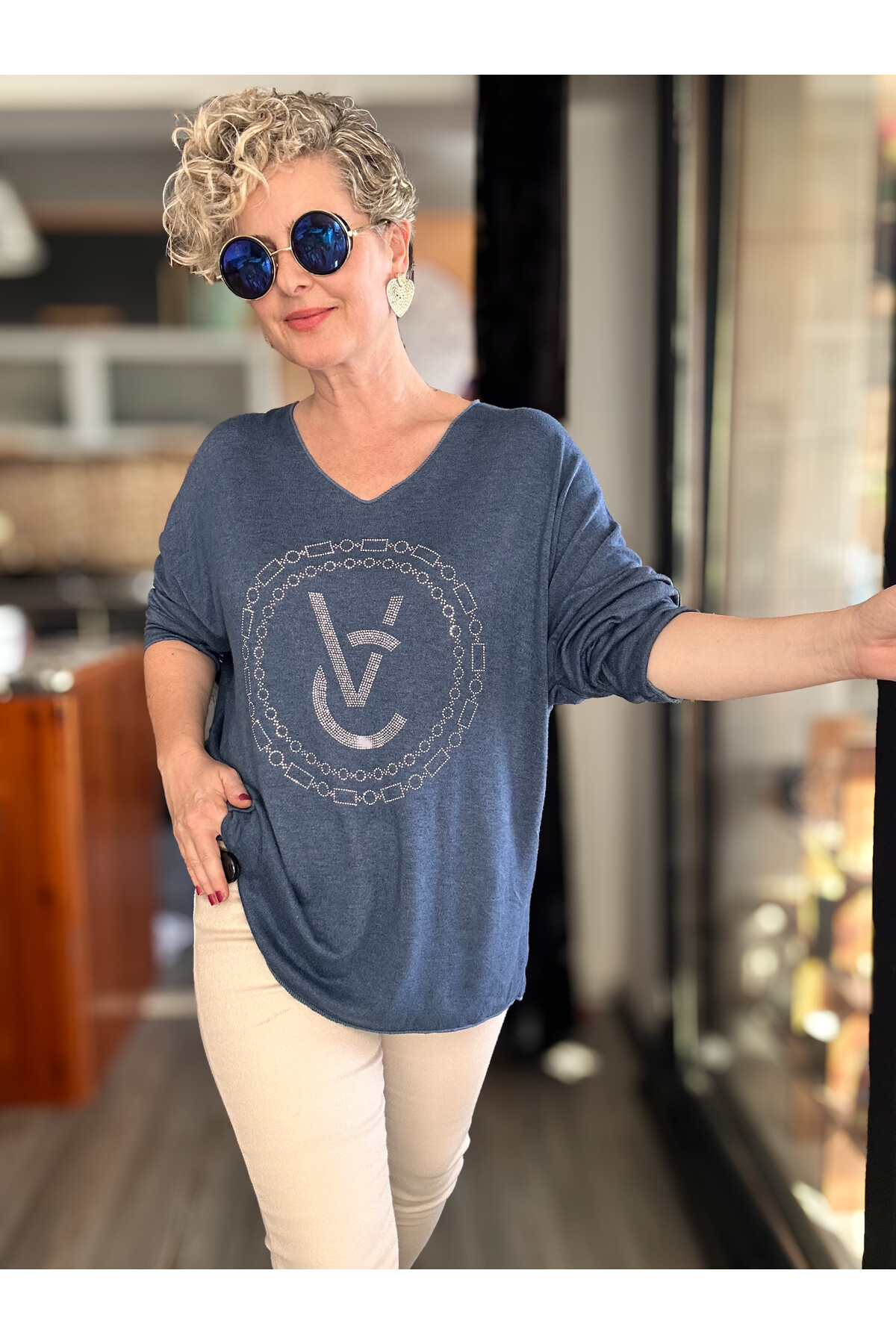 Rasly İtalyan Taş Detay Triko Bluz İndigo