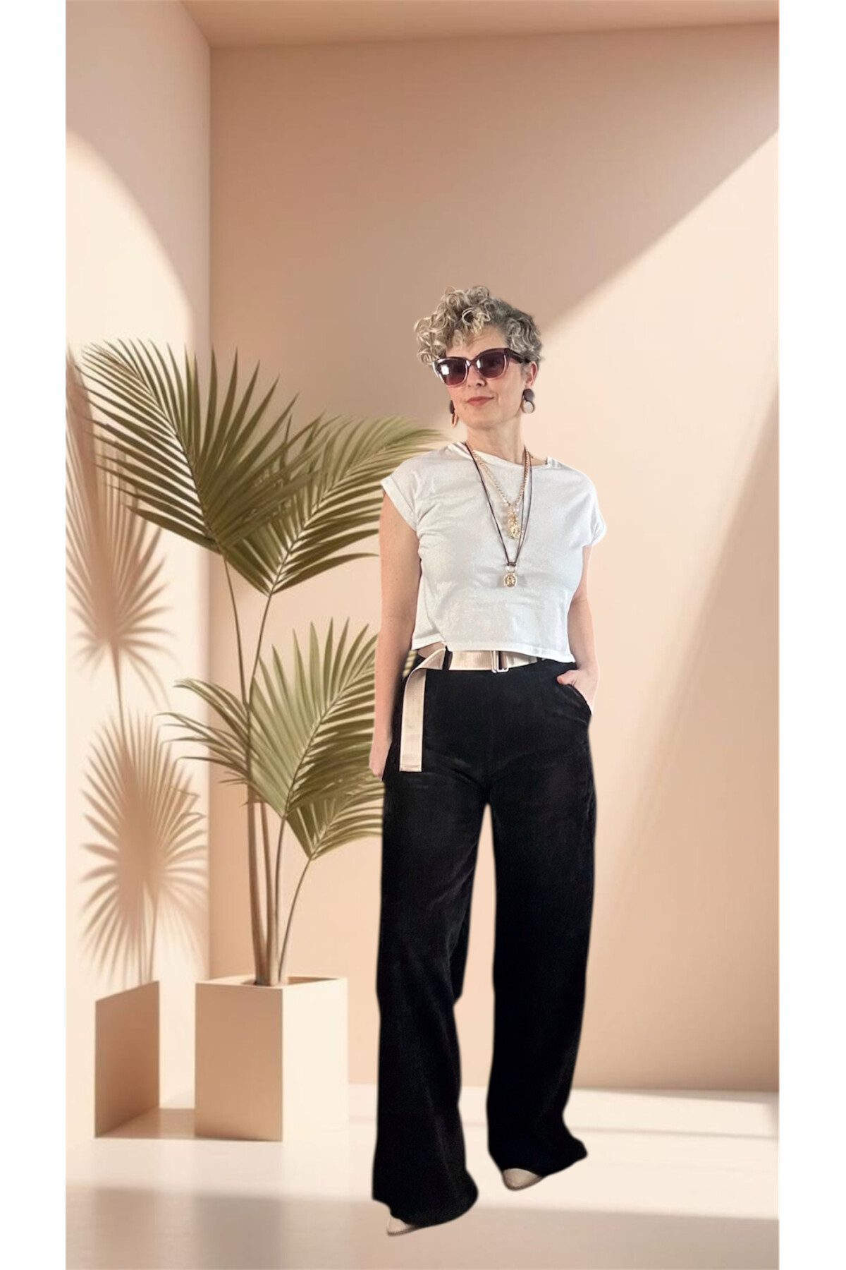 Rella İtalyan Şönil Kemerli Palazzo Pantolon Siyah