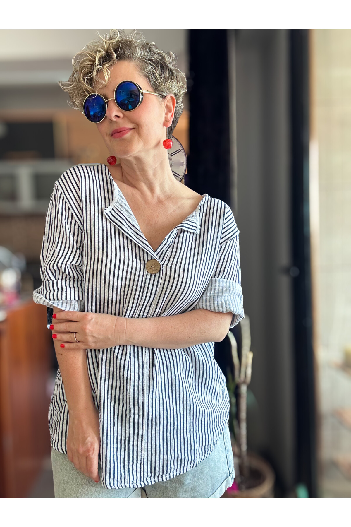 Rimmi İtalyan Çizgili Düğme Detay Bluz Beyaz