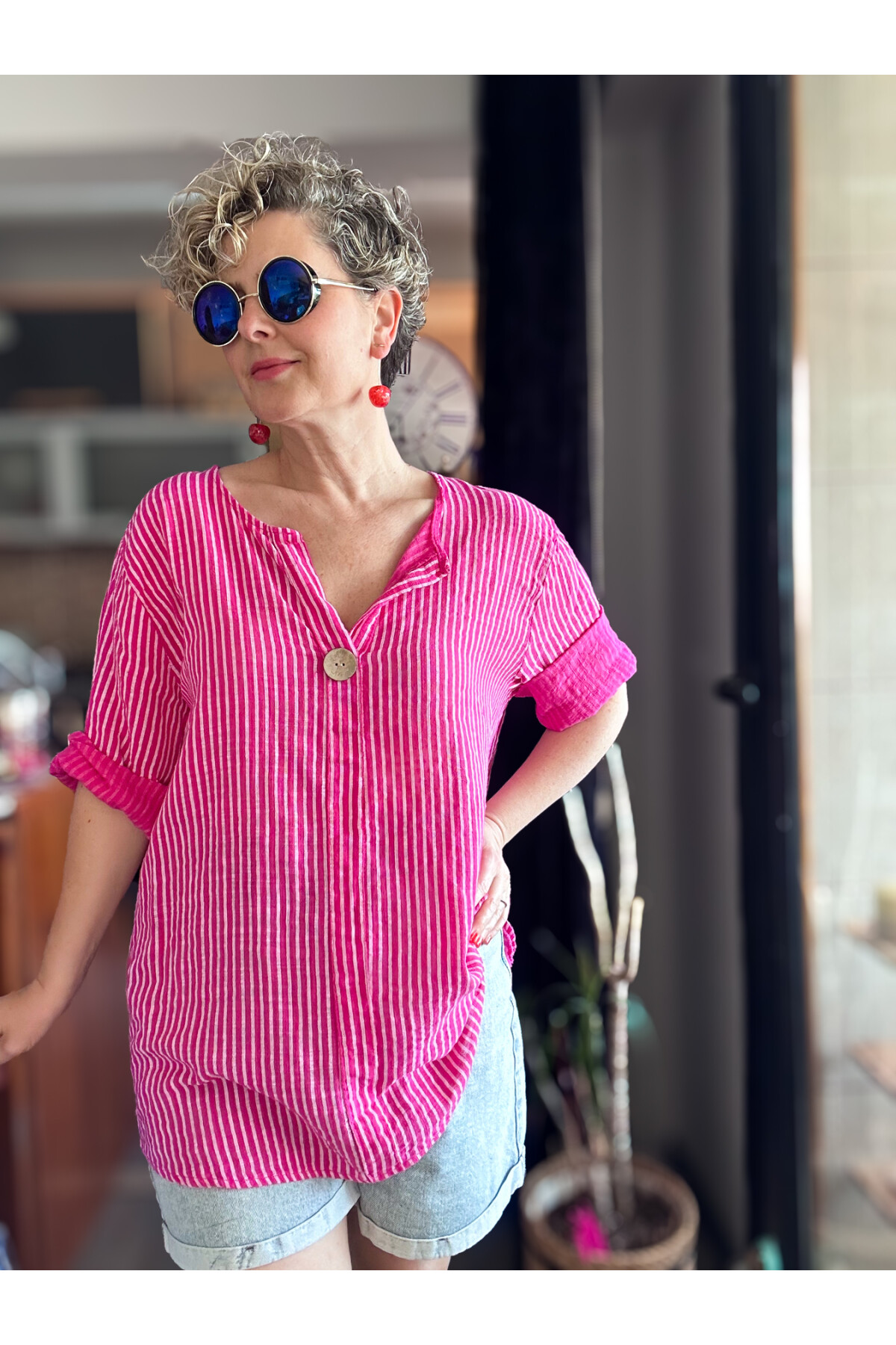 Rimmi İtalyan Çizgili Düğme Detay Bluz Fuşya