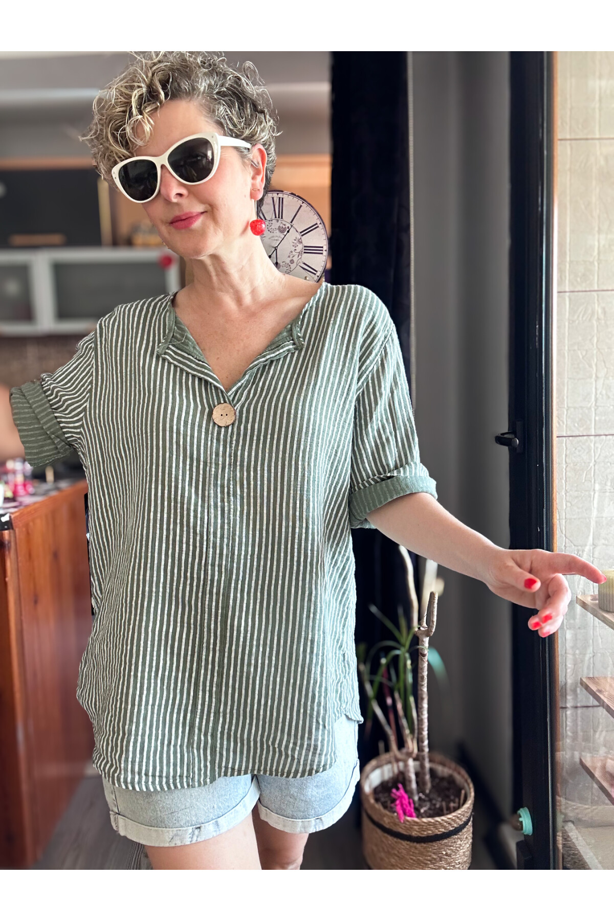 Rimmi İtalyan Çizgili Düğme Detay Bluz Haki