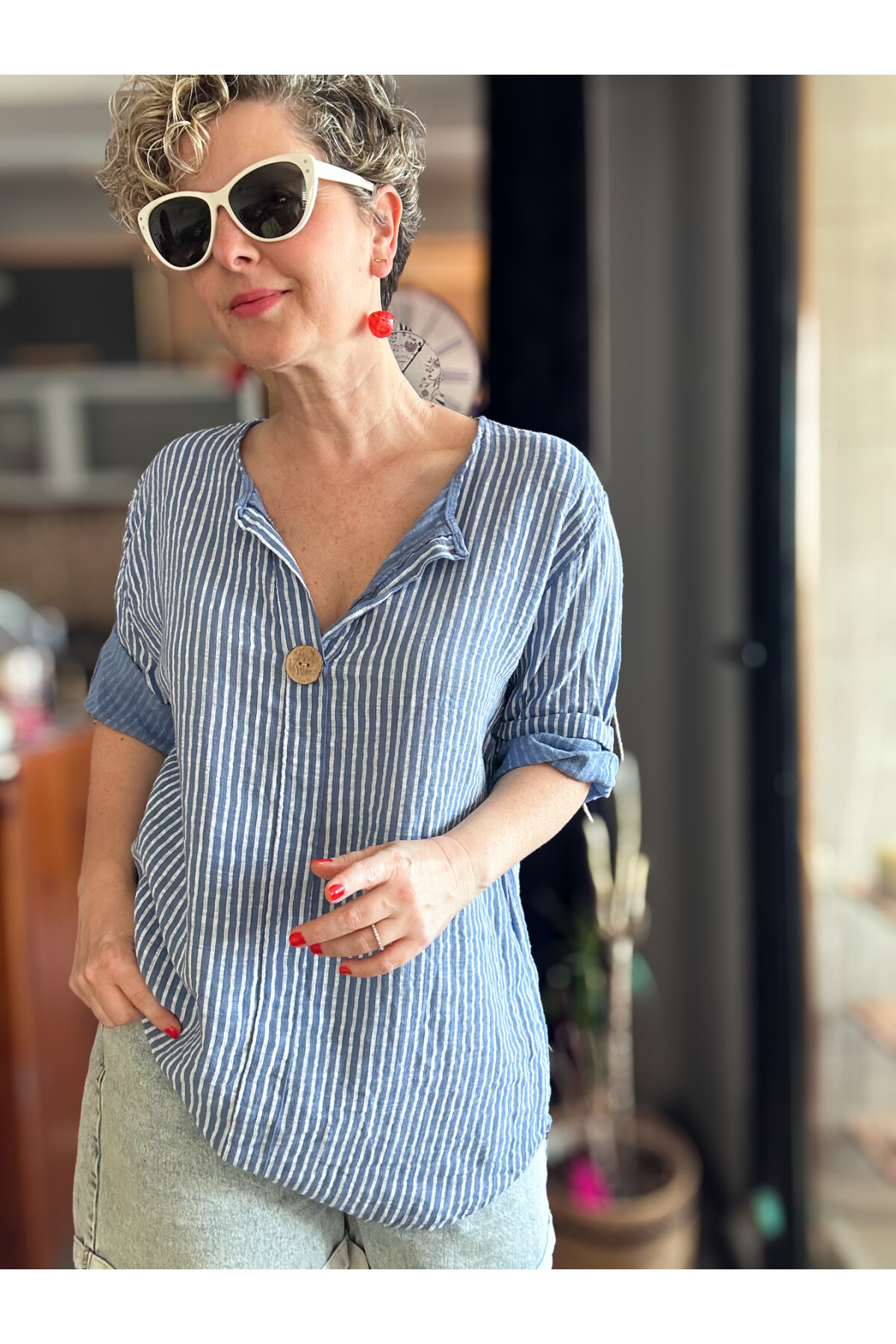 Rimmi İtalyan Çizgili Düğme Detay Bluz İndigo