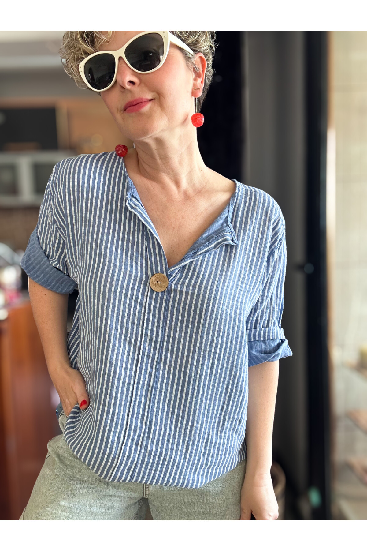 Rimmi İtalyan Çizgili Düğme Detay Bluz İndigo