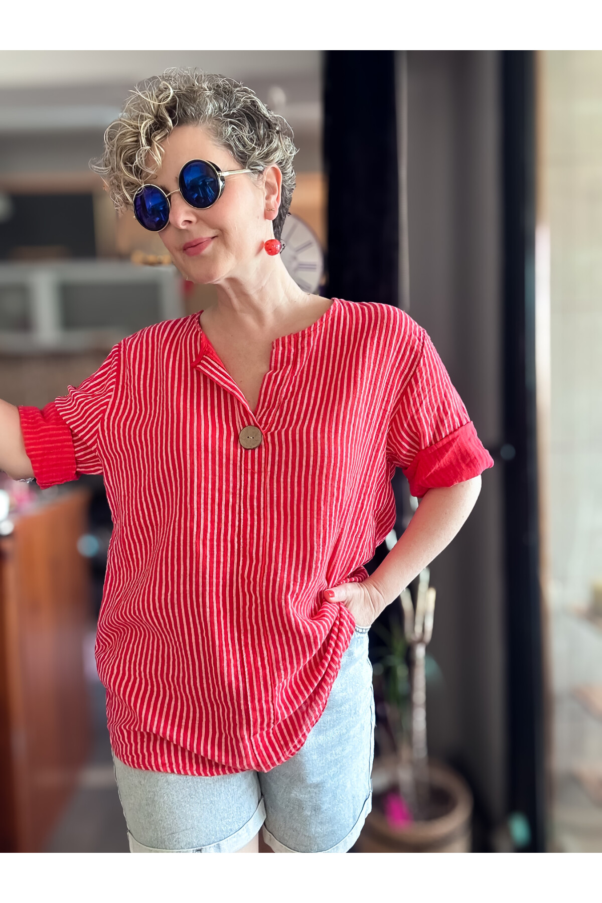 Rimmi İtalyan Çizgili Düğme Detay Bluz Kırmızı