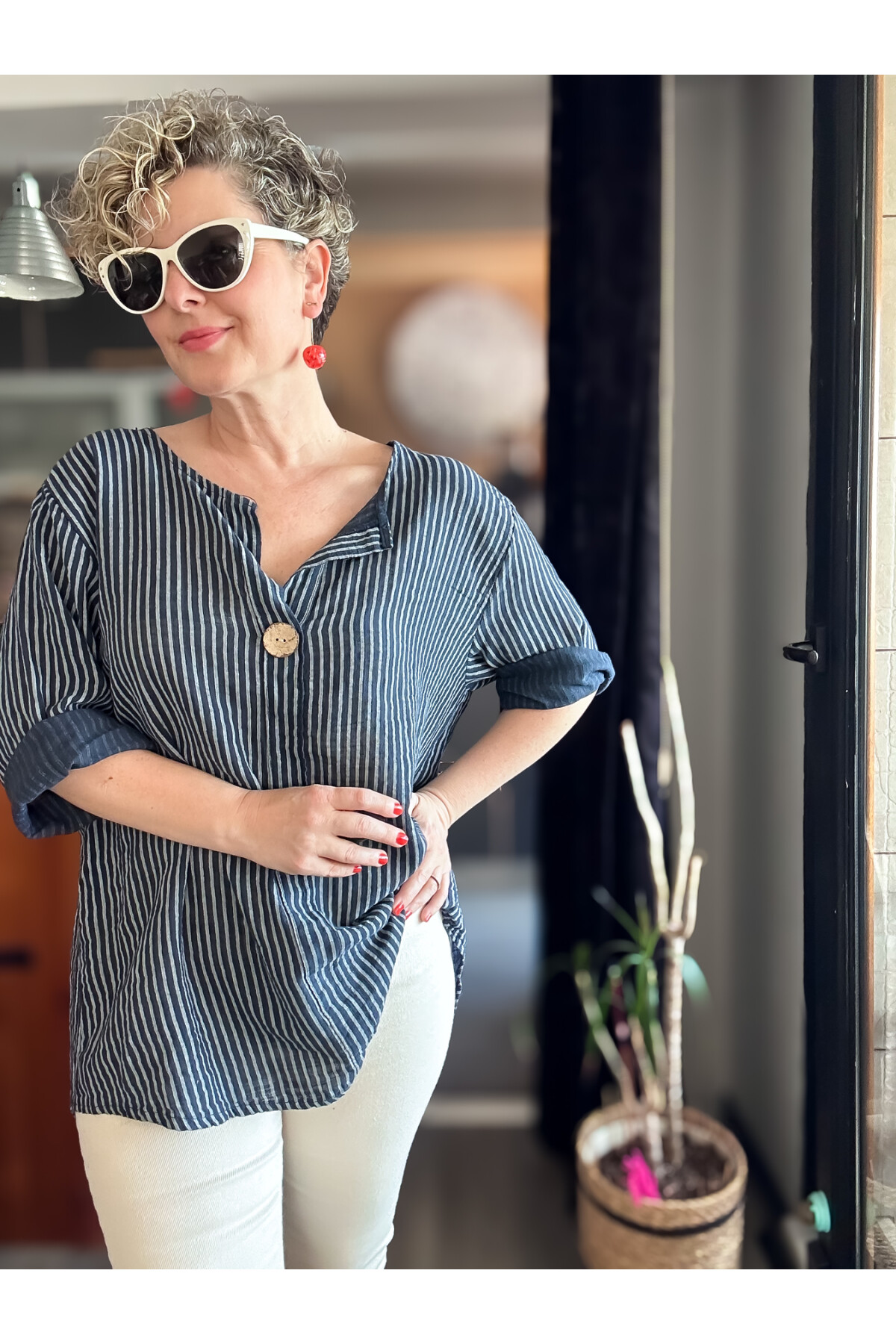 Rimmi İtalyan Çizgili Düğme Detay Bluz Lacivert