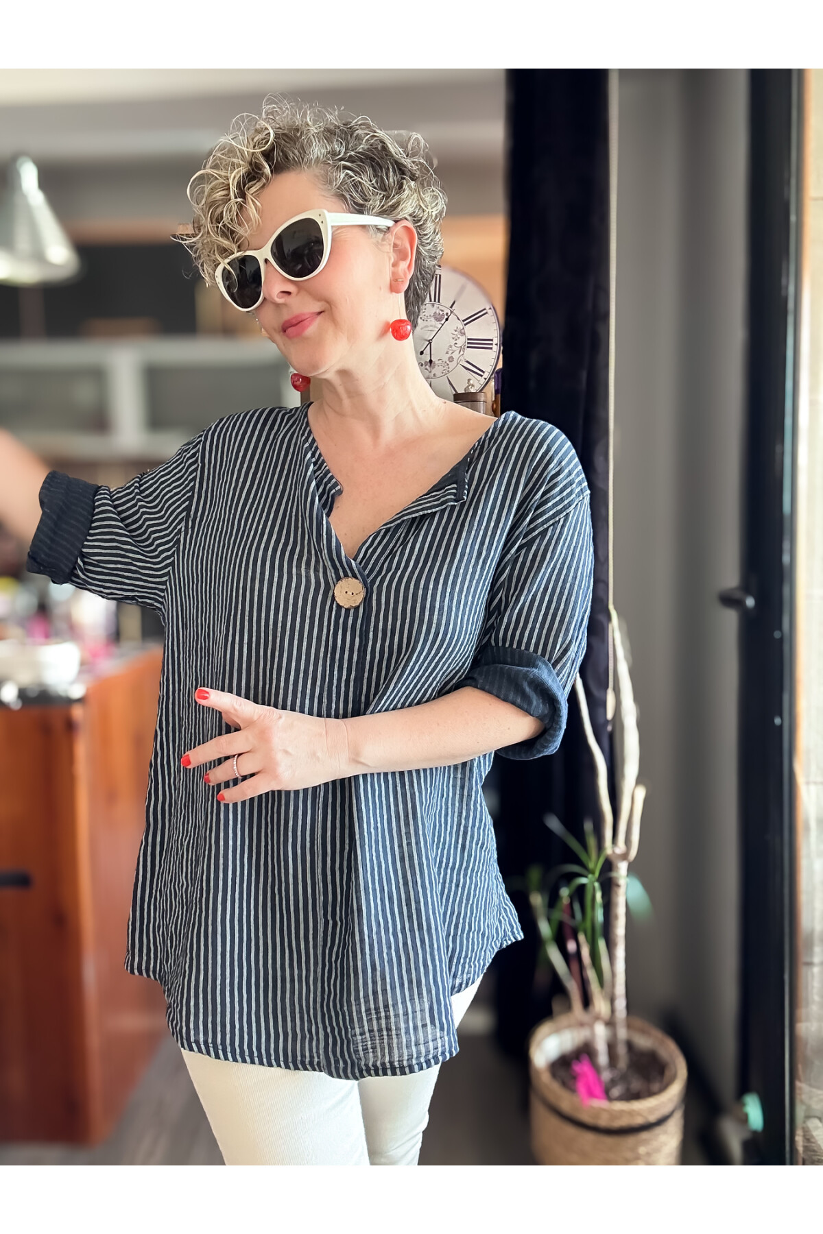Rimmi İtalyan Çizgili Düğme Detay Bluz Lacivert