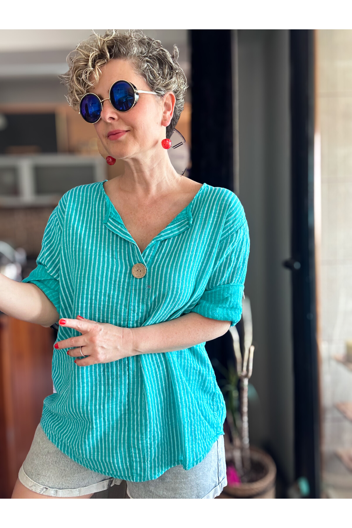 Rimmi İtalyan Çizgili Düğme Detay Bluz Mint