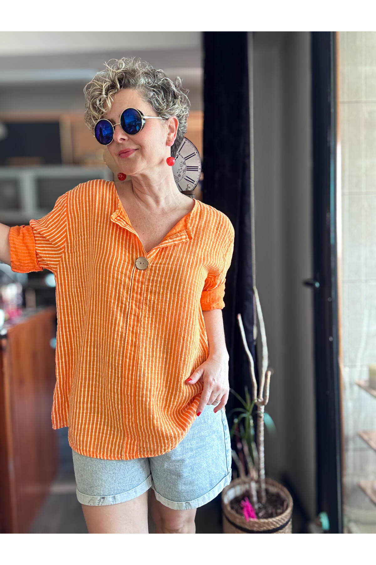 Rimmi İtalyan Çizgili Düğme Detay Bluz Turuncu
