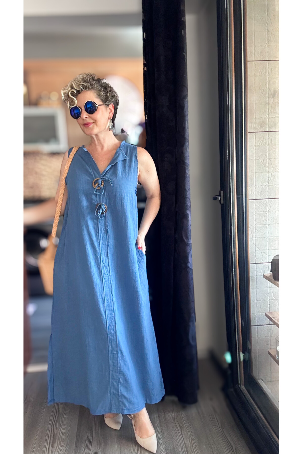 Ronni Tasarım Düğme Detay Kolsuz Elbise İndigo Mavi