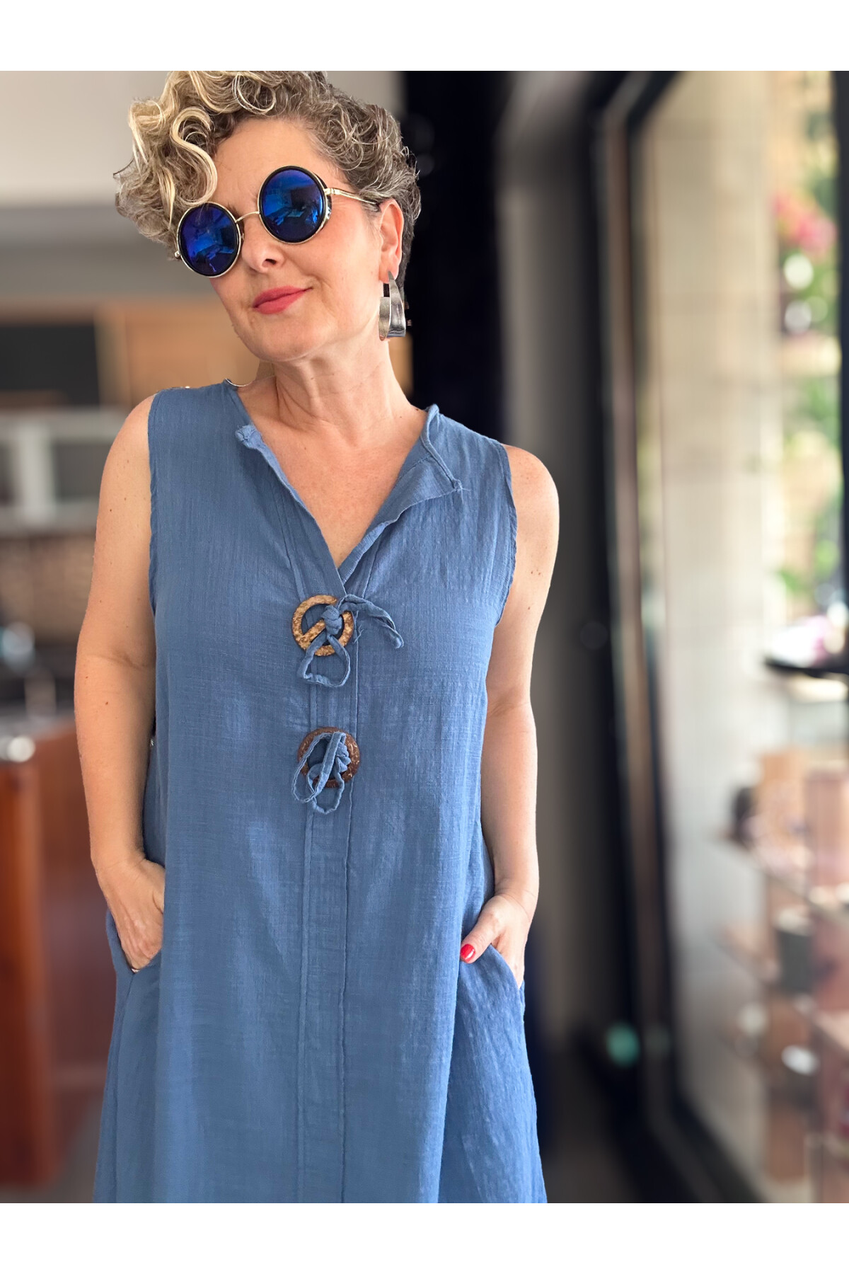 Ronni Tasarım Düğme Detay Kolsuz Elbise İndigo Mavi