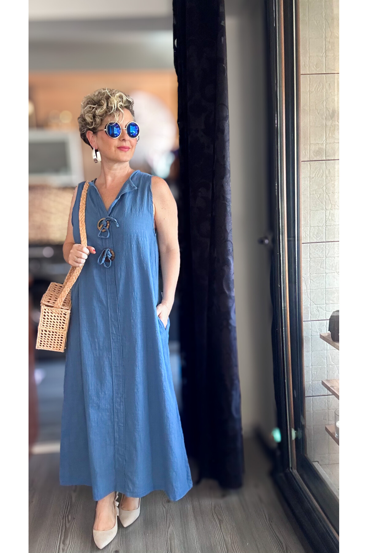 Ronni Tasarım Düğme Detay Kolsuz Elbise İndigo Mavi