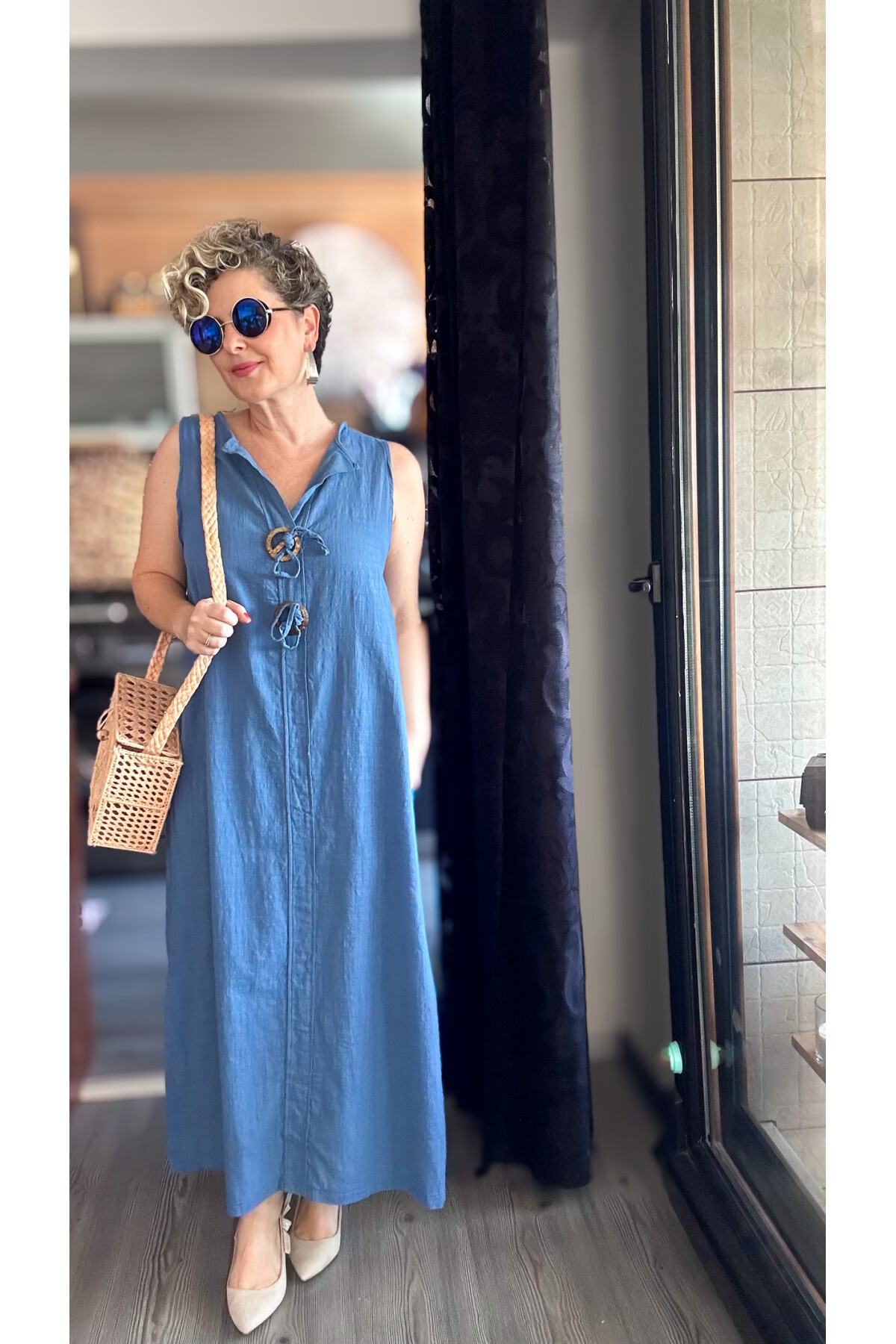 Ronni Tasarım Düğme Detay Kolsuz Elbise İndigo Mavi