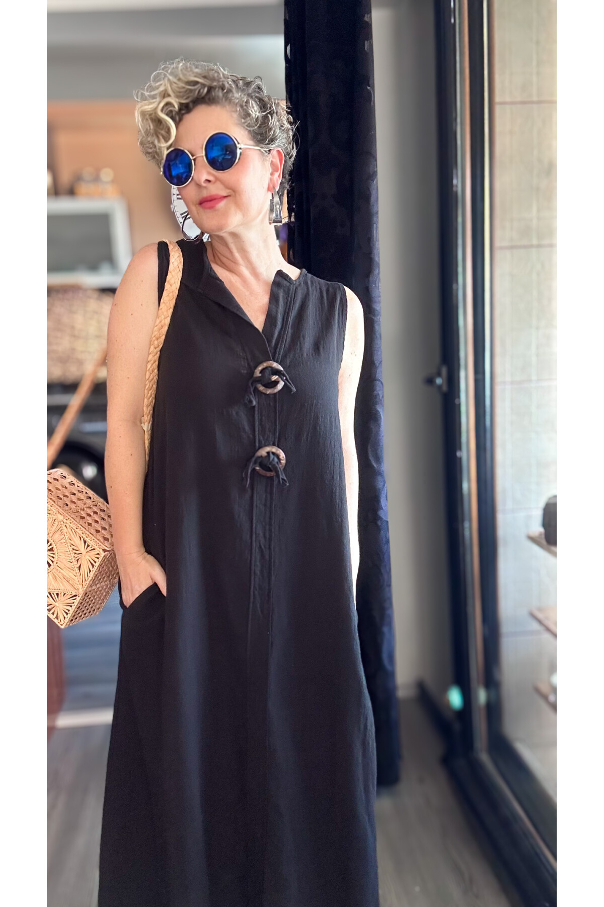 Ronni Tasarım Düğme Detay Kolsuz Elbise Siyah