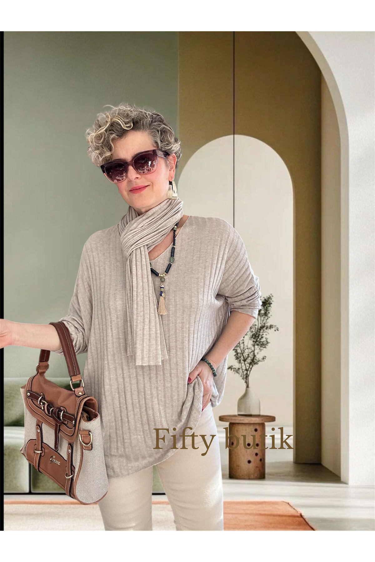 Rossi İtalyan Fularlı Tasarım Triko Bluz Beige