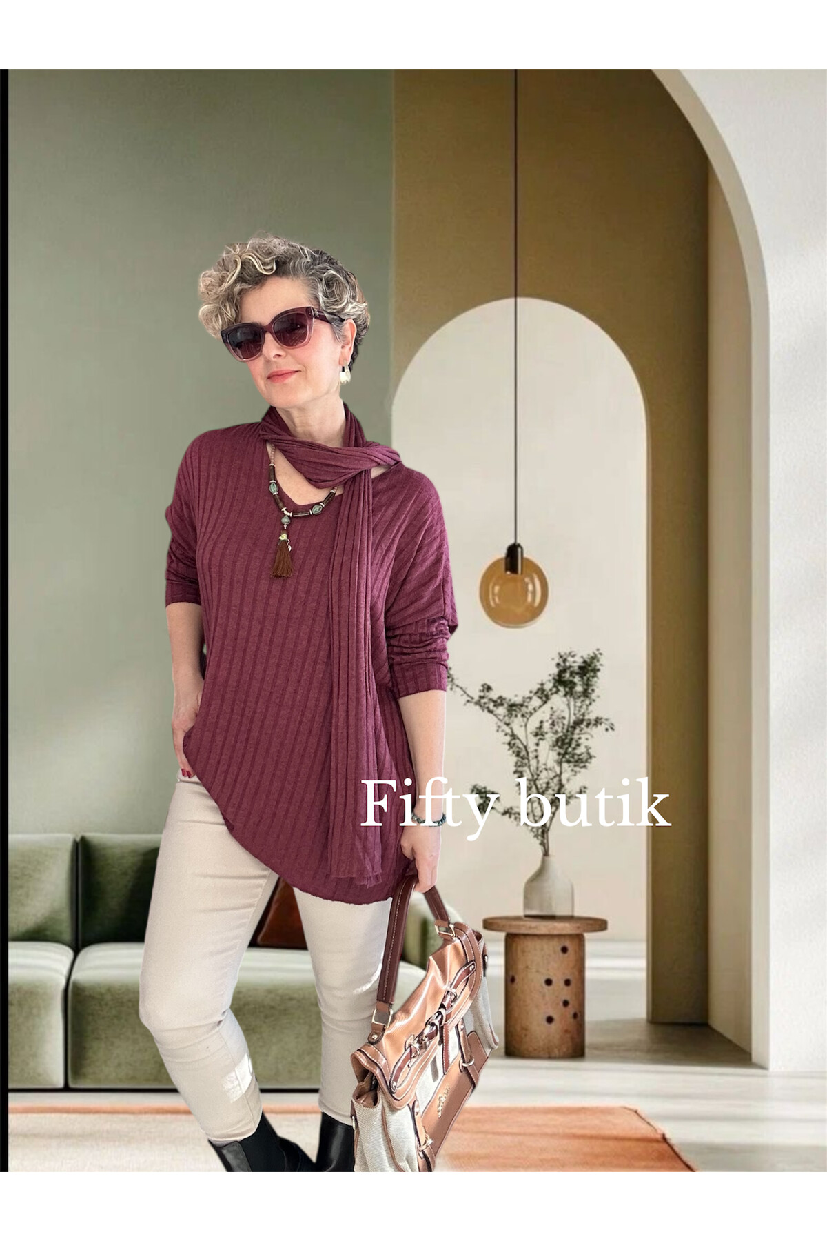 Rossi İtalyan Fularlı Tasarım Triko Bluz Bordo