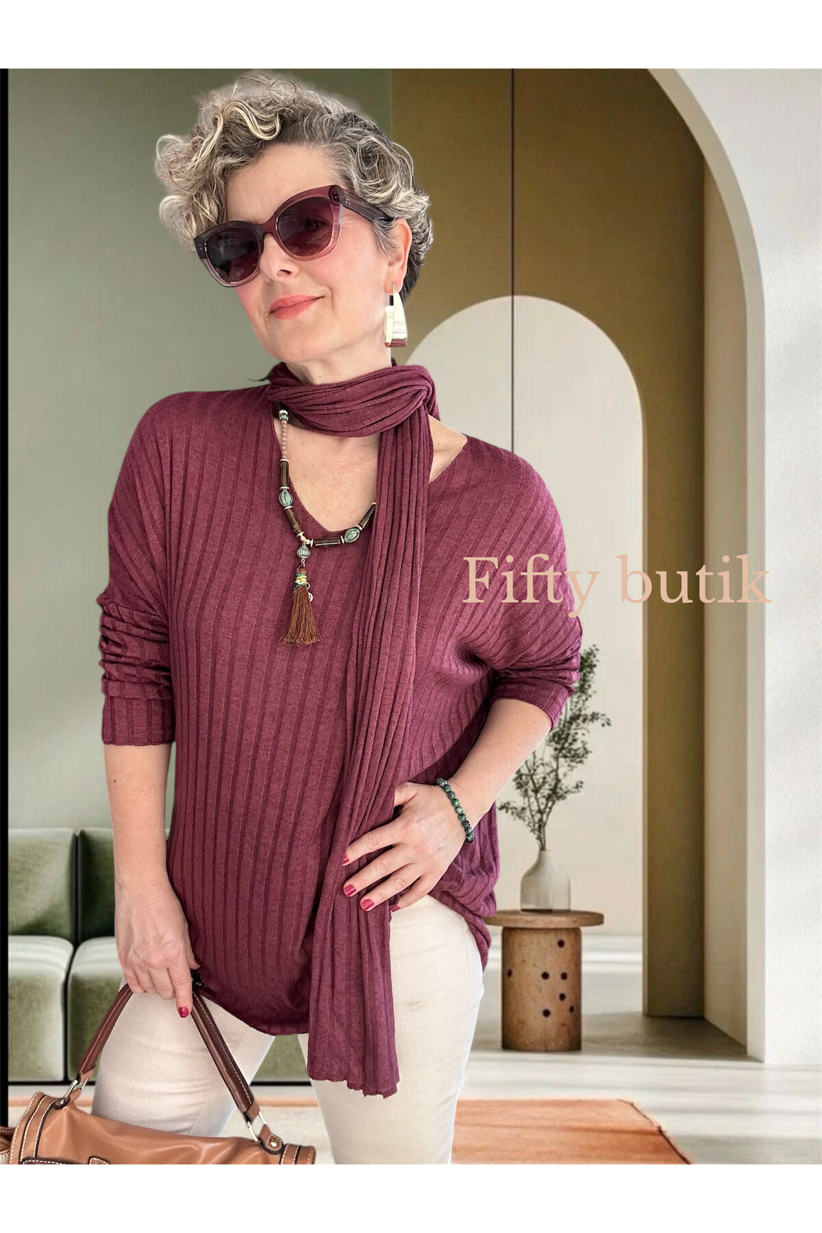 Rossi İtalyan Fularlı Tasarım Triko Bluz Bordo