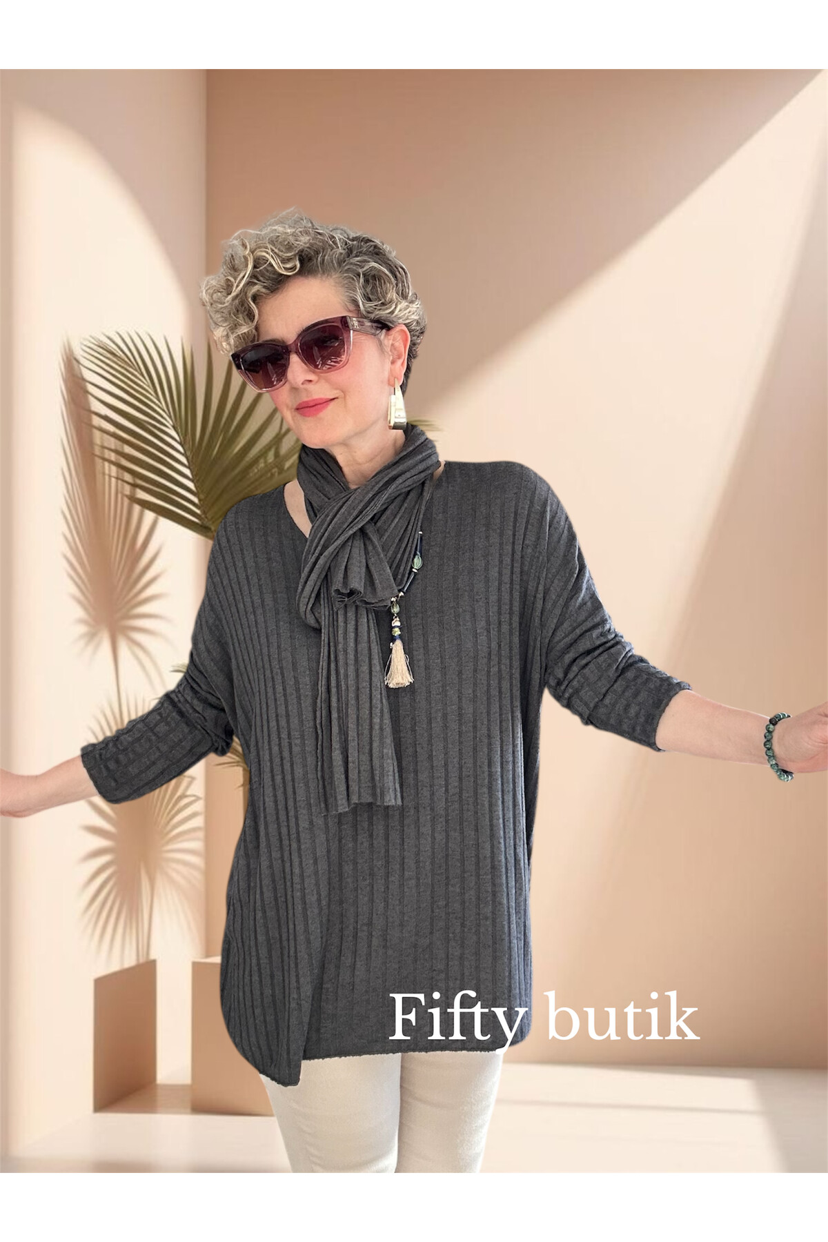 Rossi İtalyan Fularlı Tasarım Triko Bluz Dark Grey