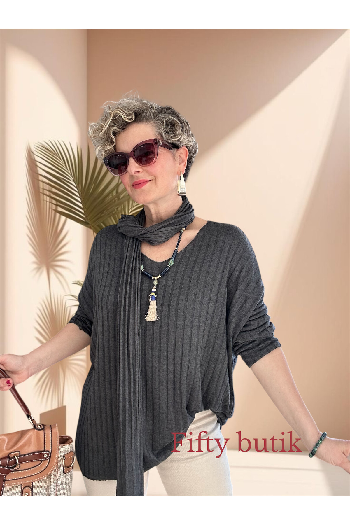 Rossi İtalyan Fularlı Tasarım Triko Bluz Dark Grey