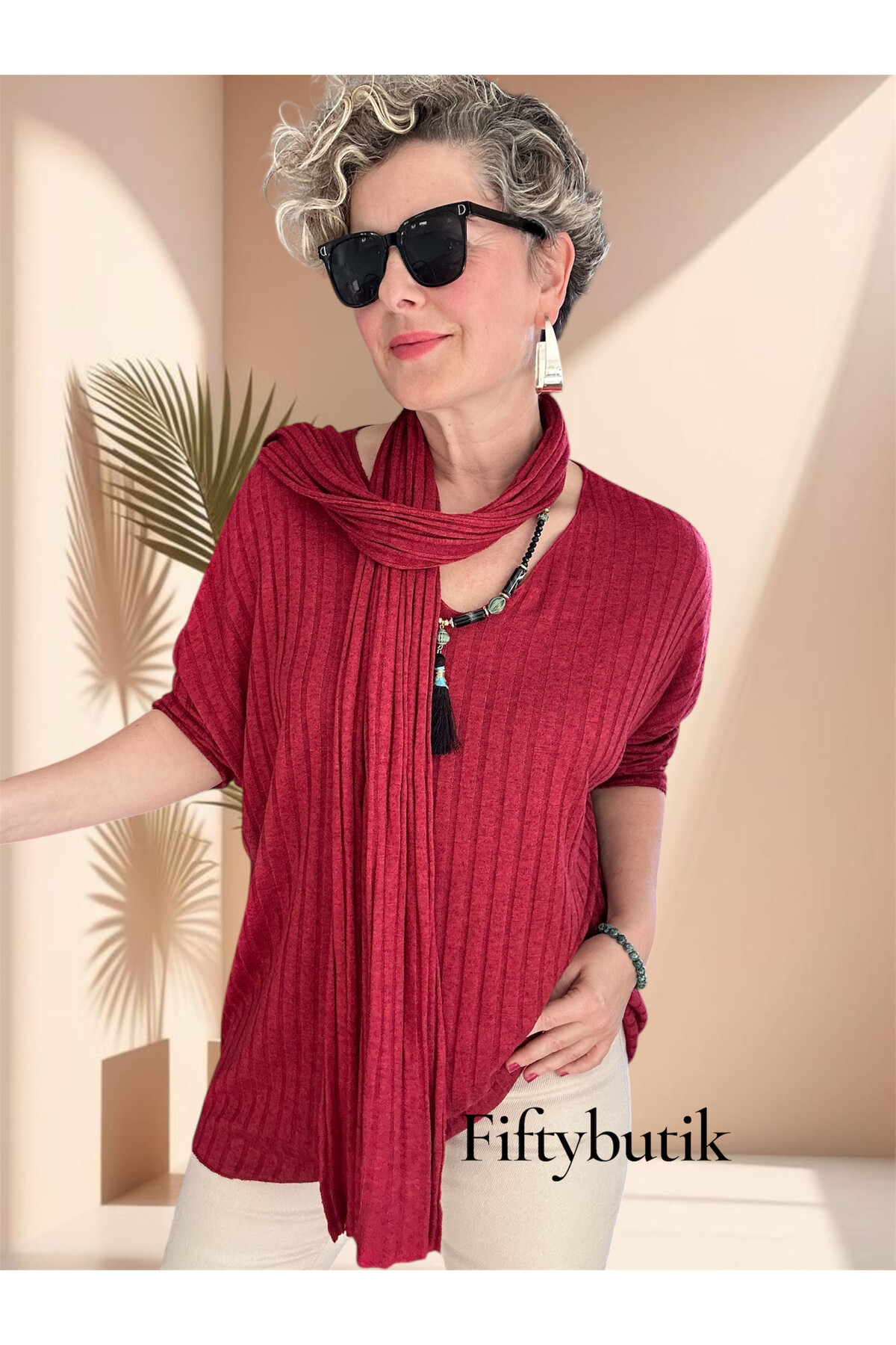 Rossi İtalyan Fularlı Tasarım Triko Bluz İndian Red