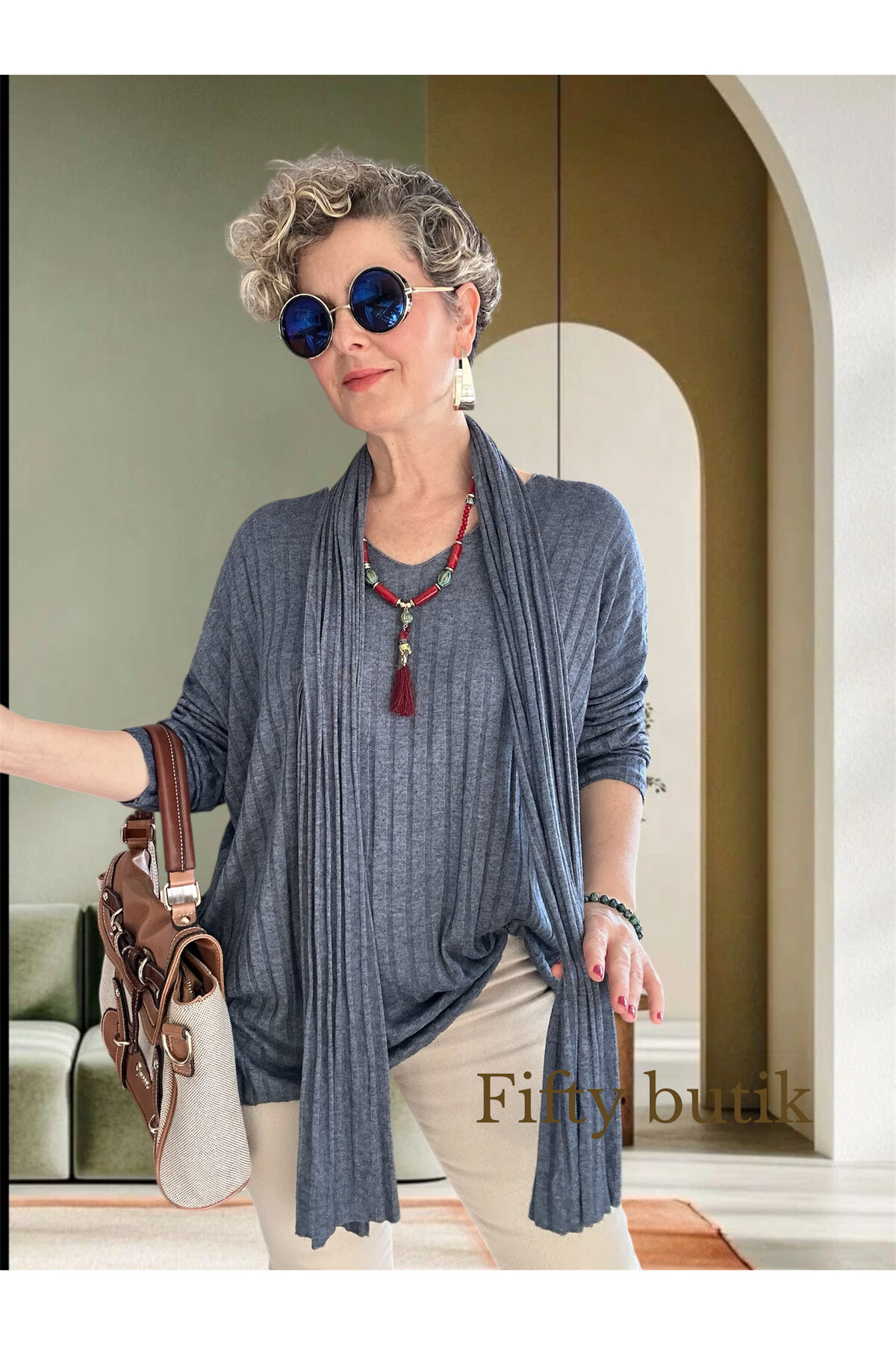 Rossi İtalyan Fularlı Tasarım Triko Bluz Jeans