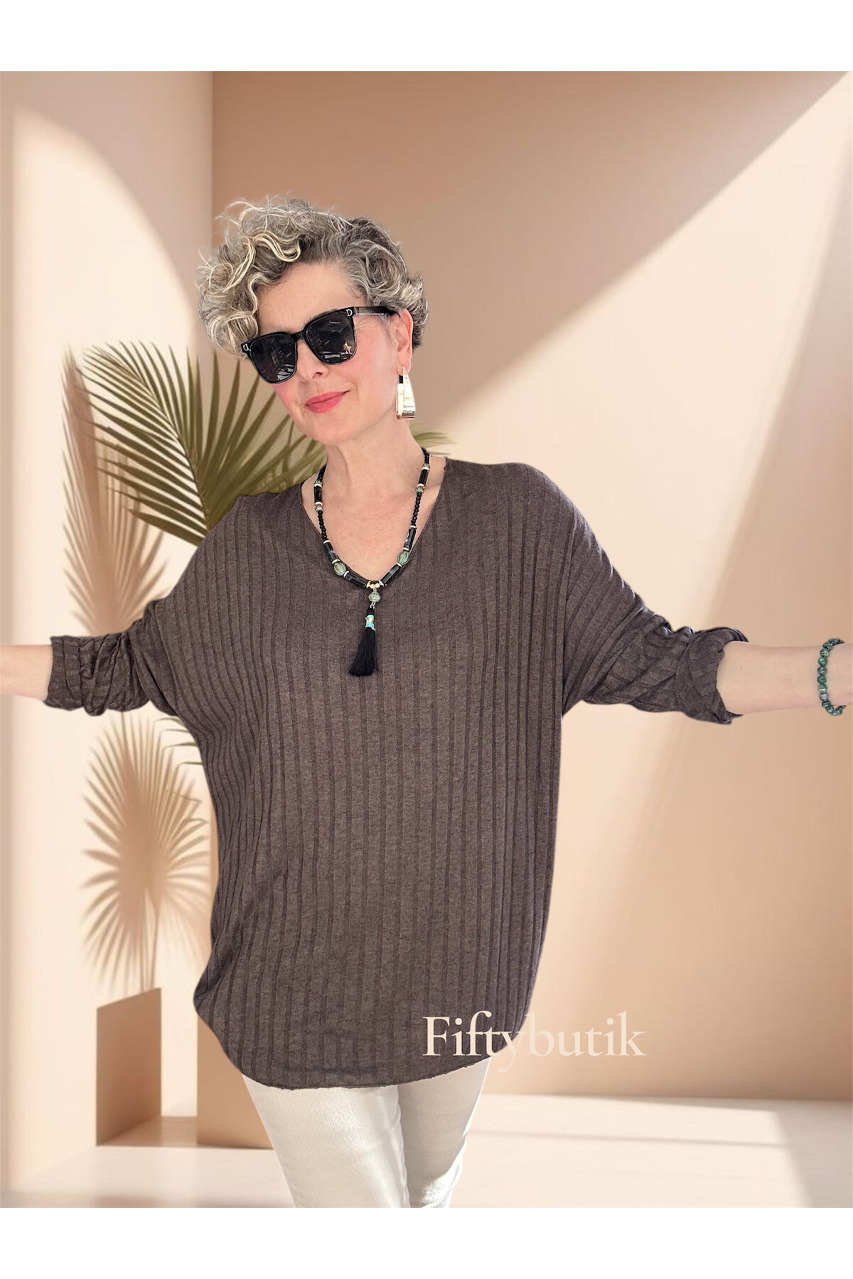 Rossi İtalyan Fularlı Tasarım Triko Bluz Kahve