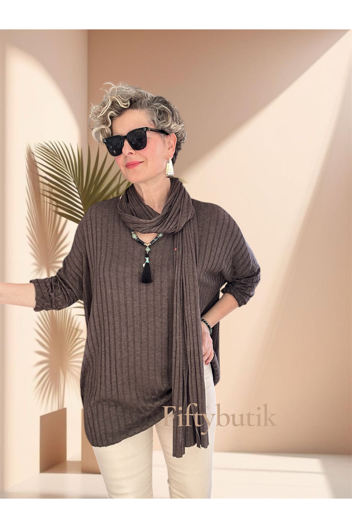 Rossi İtalyan Fularlı Tasarım Triko Bluz Kahve