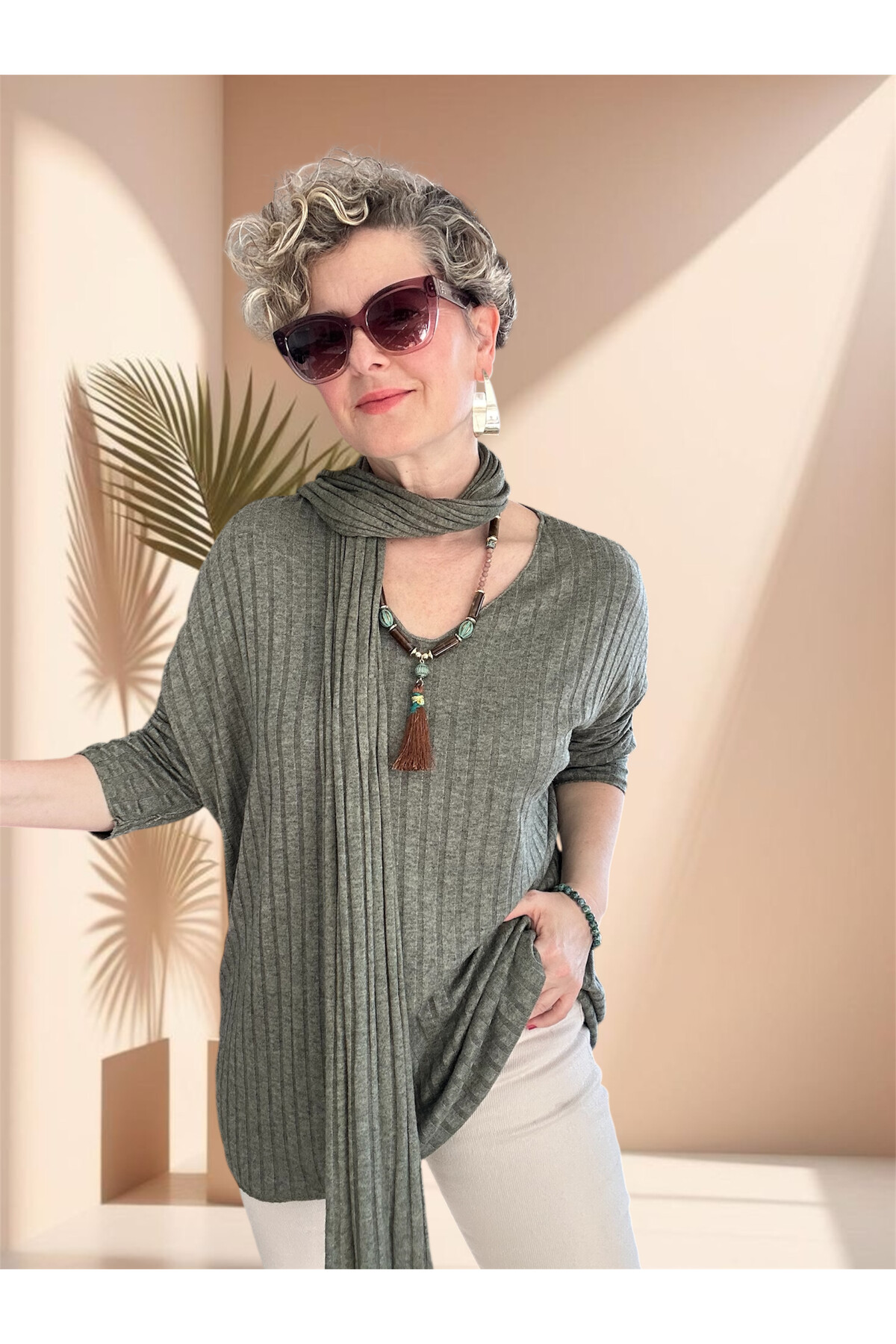 Rossi İtalyan Fularlı Tasarım Triko Bluz Military