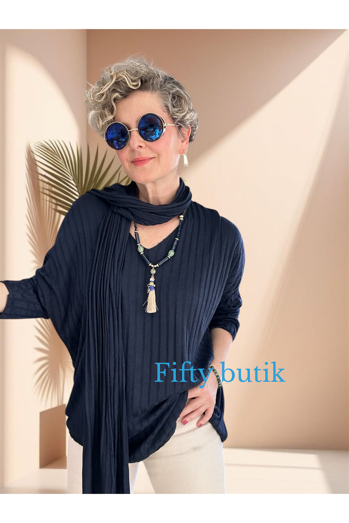 Rossi İtalyan Fularlı Tasarım Triko Bluz Navy