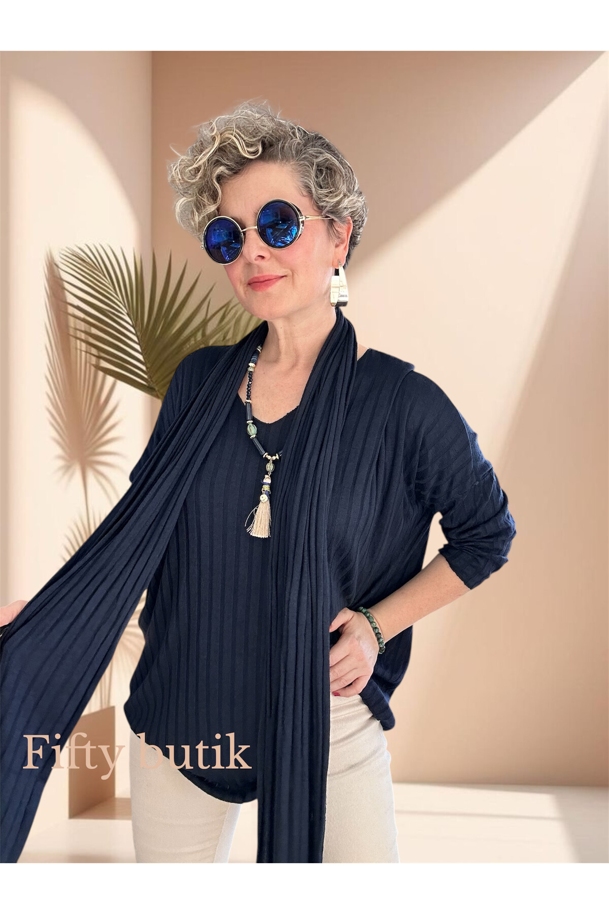 Rossi İtalyan Fularlı Tasarım Triko Bluz Navy