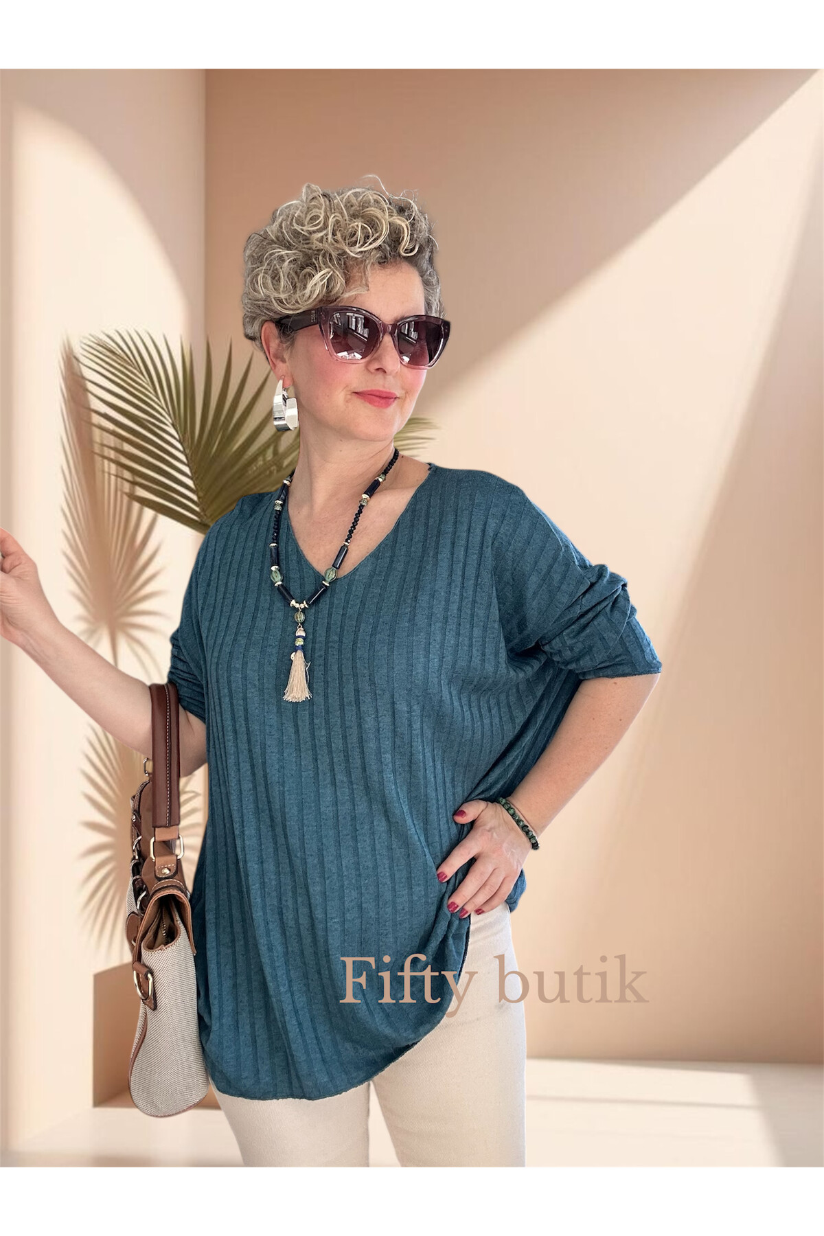 Rossi İtalyan Fularlı Tasarım Triko Bluz Petrol Mavi