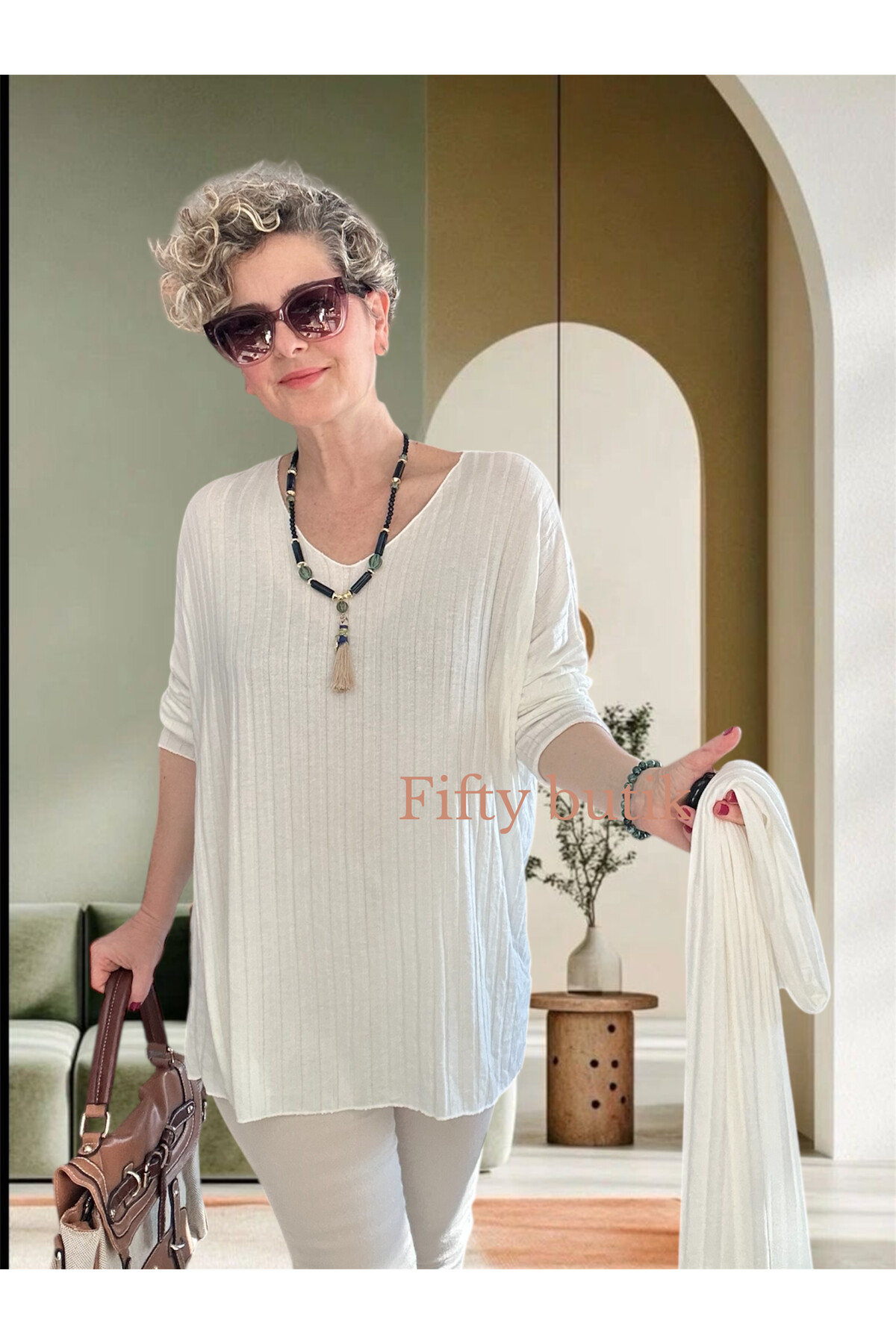 Rossi İtalyan Fularlı Tasarım Triko Bluz White