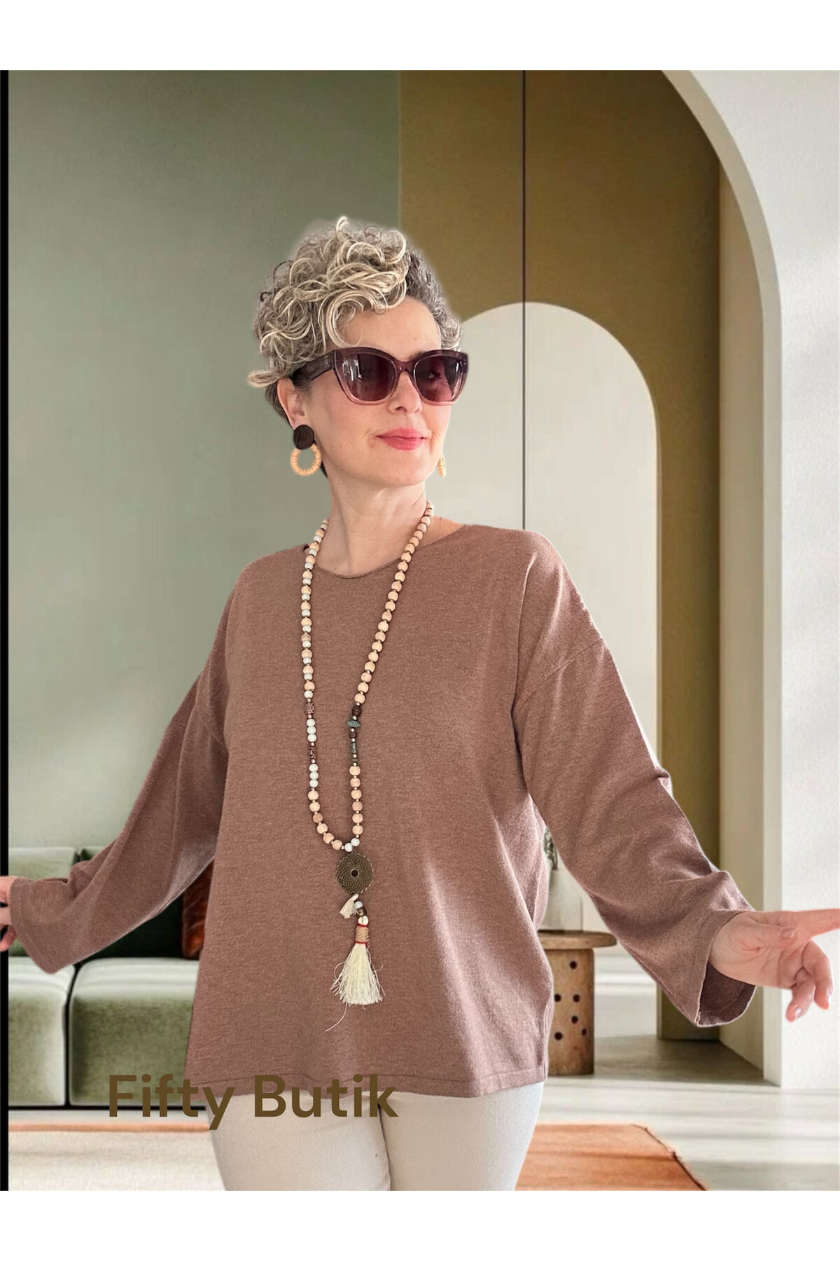 Russi Tasarım Triko Bluz Vizon